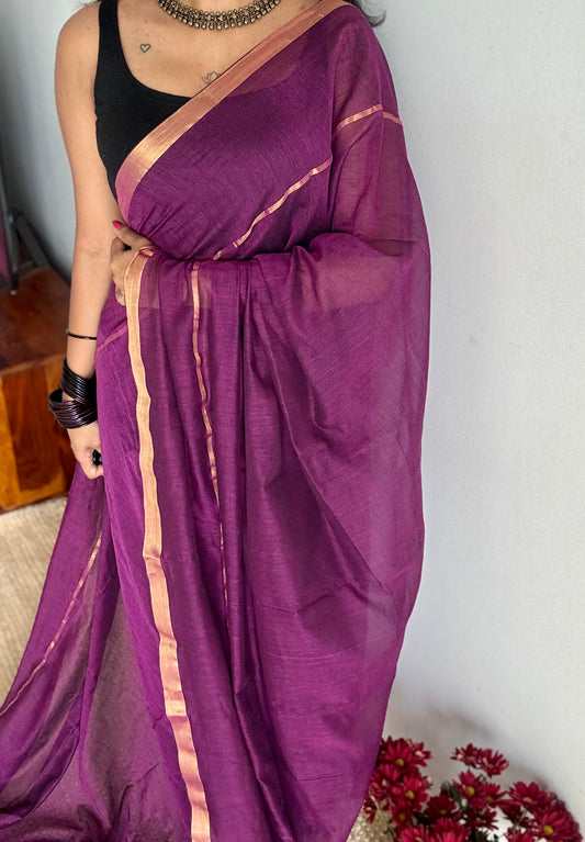 Purple pink mul, antique gold zari, gap border pattern - YCBCMCGZSE74