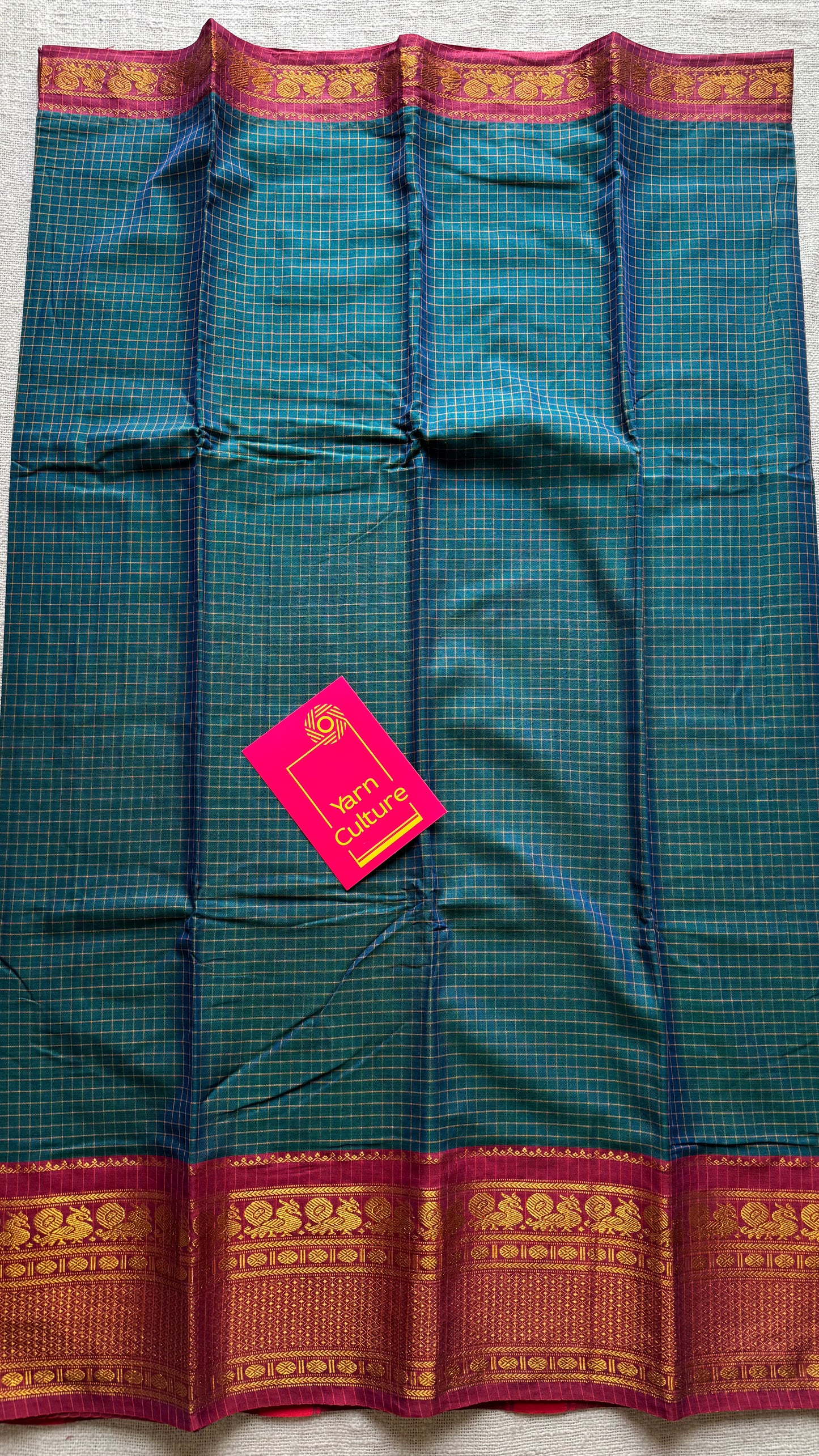 Teal checks with zari border, premium narayanpet, soft cotton - YCWOTDOCNP03