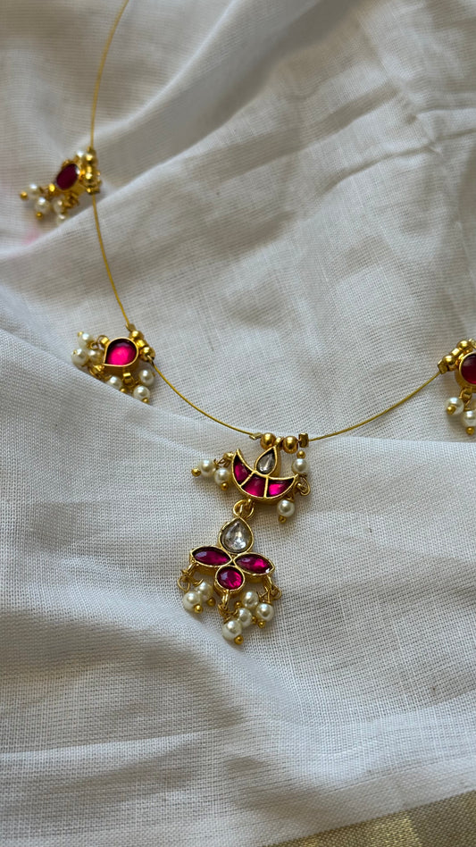 Invisible neckchain with jadau kundan stones & pearl hangings - ruby, white - YCGPNP691