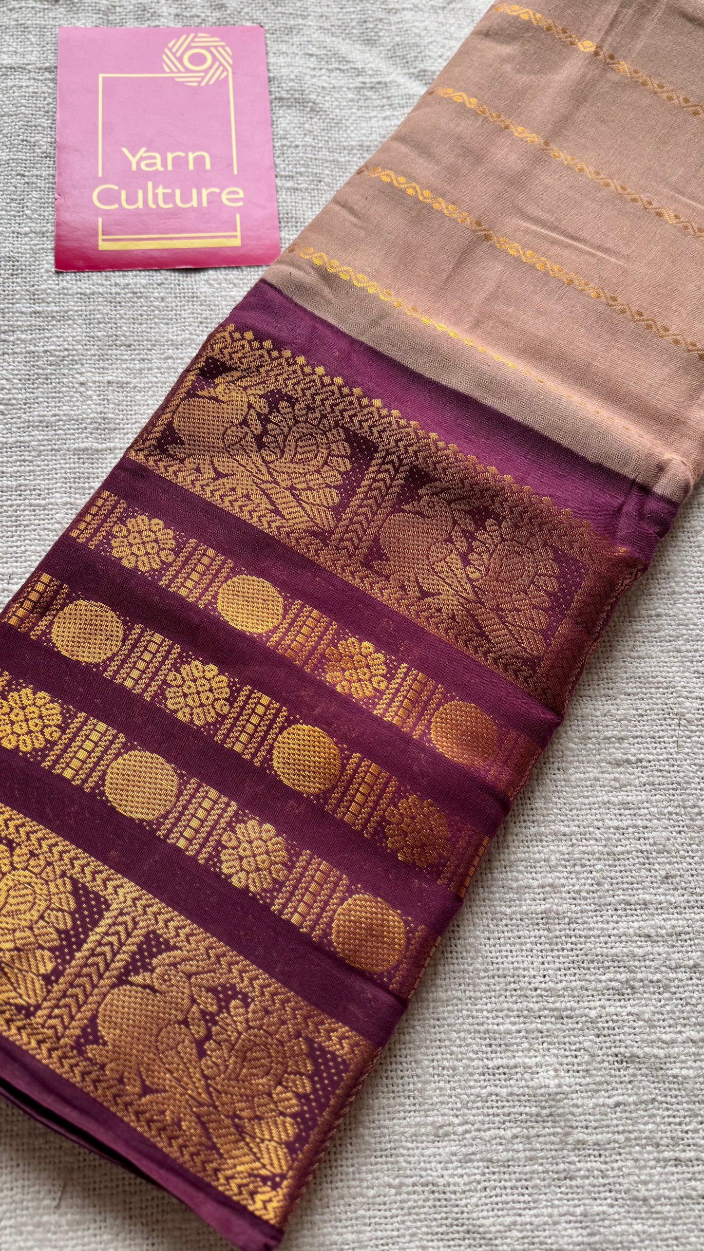 Light brown with maroon, peacock rudraksham motif, single side broad zari - madurai kattuchayam dyed - YCCOTNAURS17