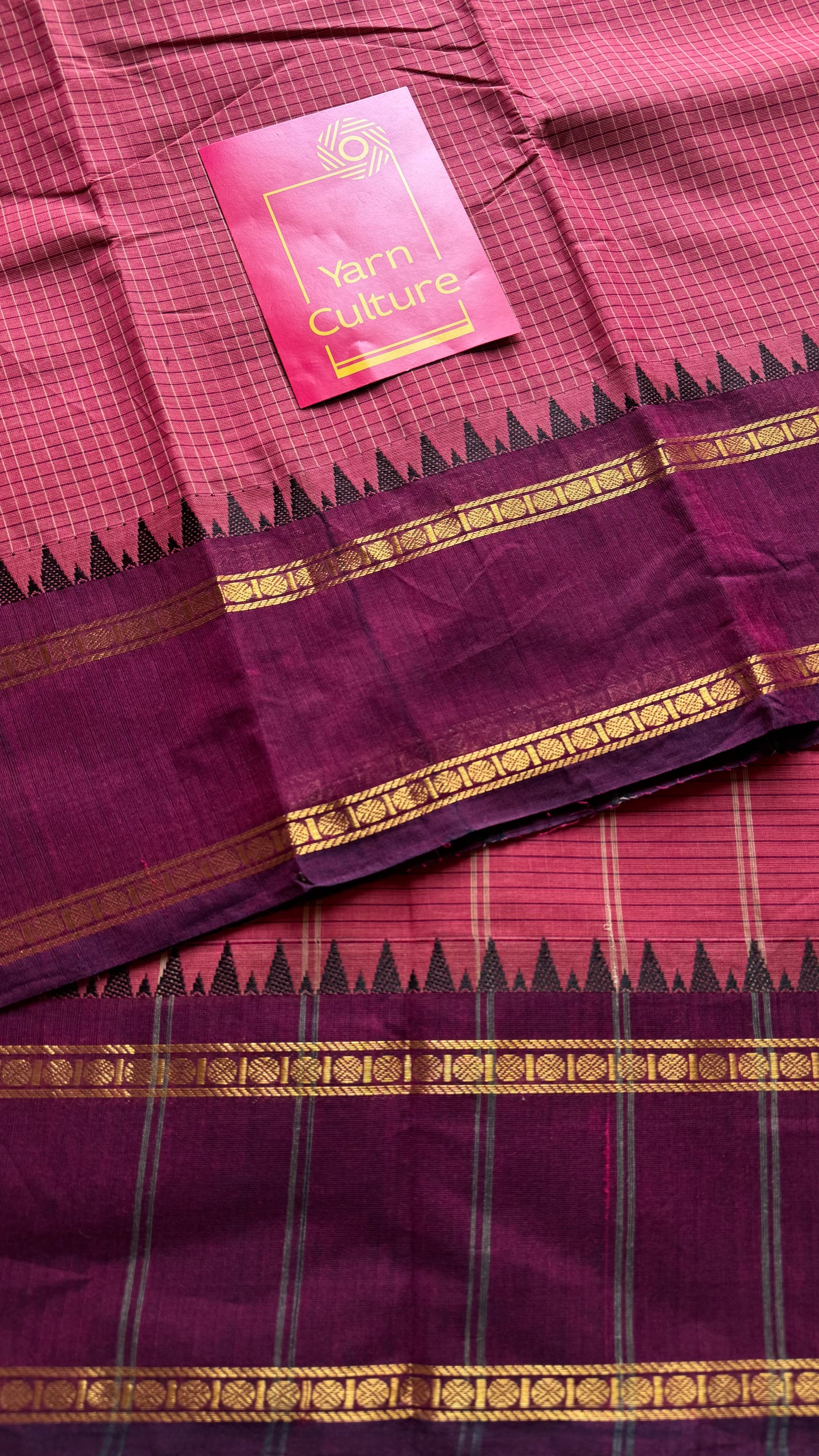 Dark pink with maroon border, temple motifs, checkered body, kanchi cotton - YCCOTNOCKC29