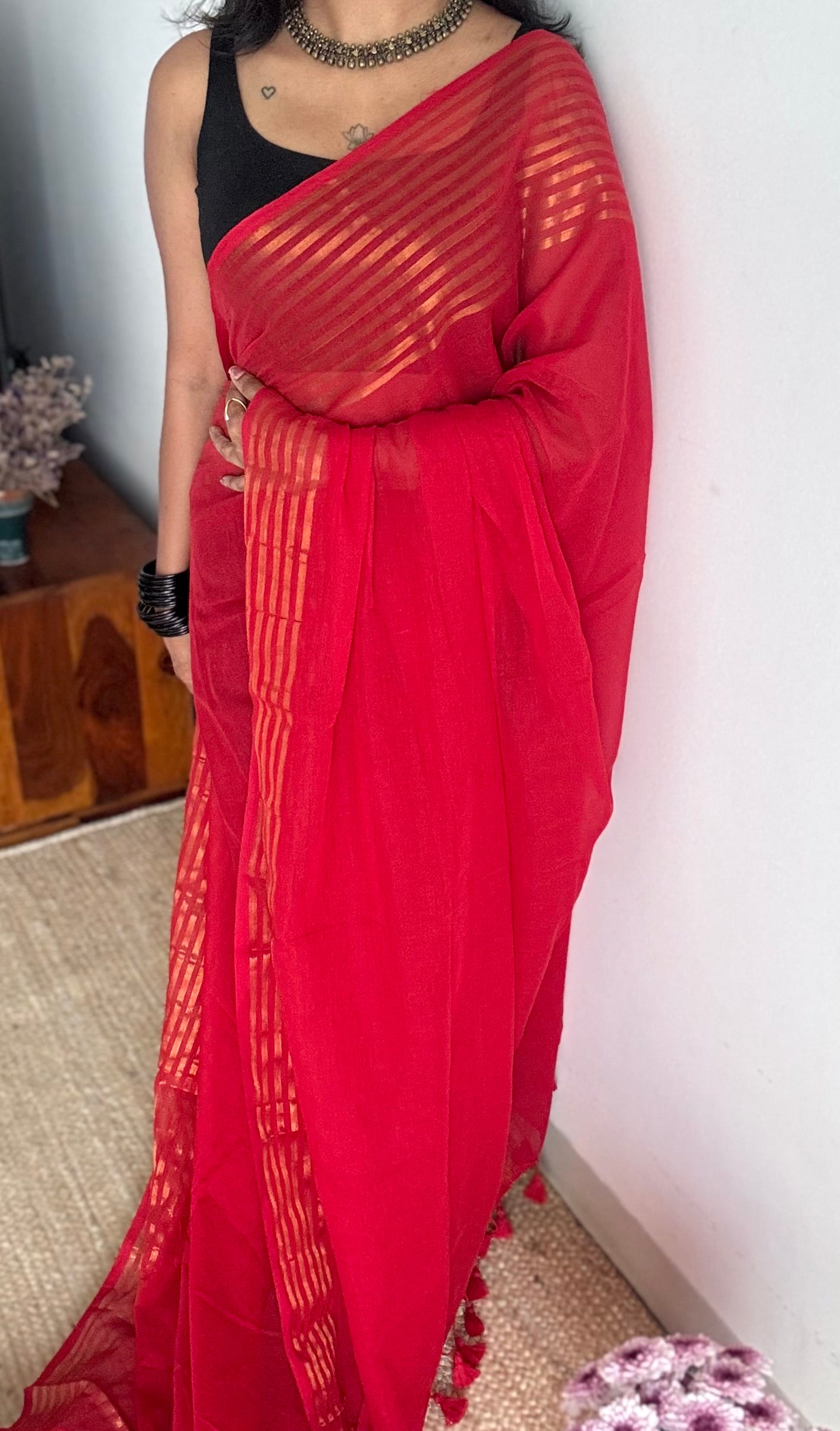 Red with antique gold stripes, mul cotton - YCBCJULMS09