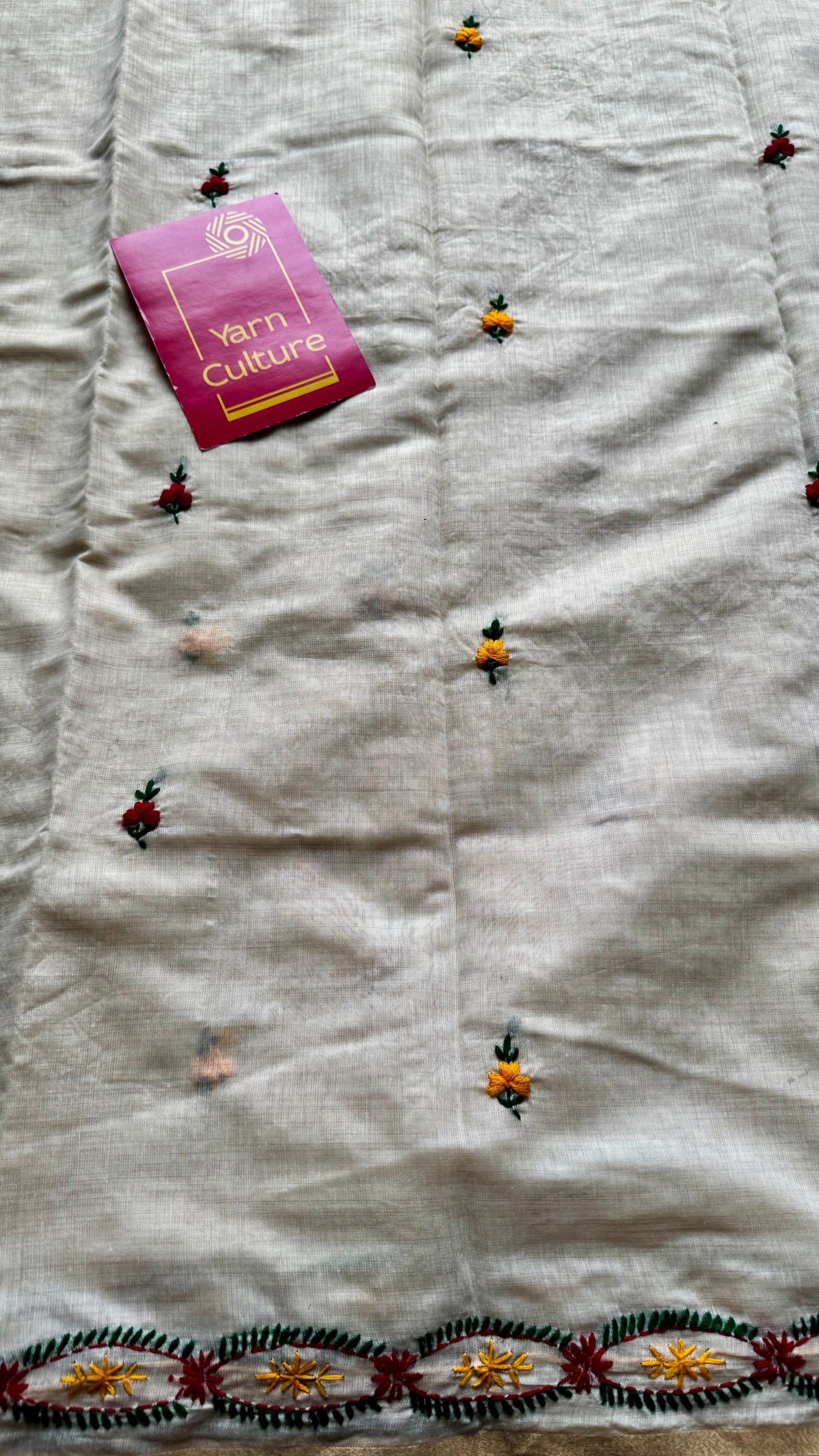 Ivory maheshwari cotton silk blend with red and yellow floral kantha threadwork - YCBLAUMK12