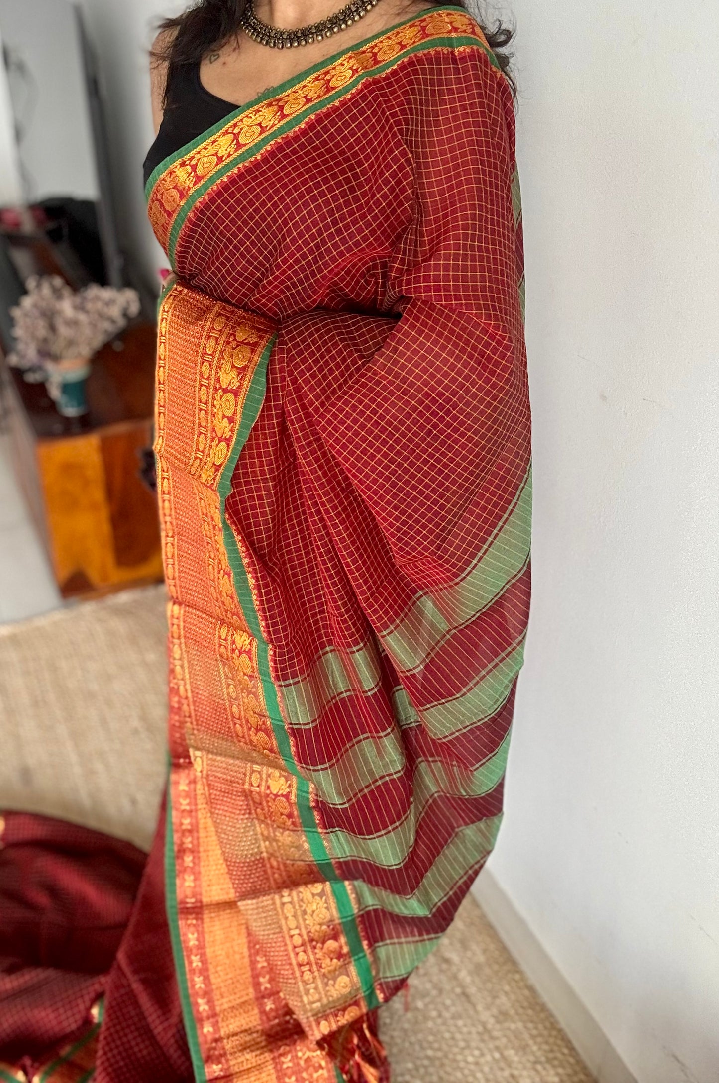 Maroon checks with zari border, premium narayanpet, soft cotton - YCWOTDOCNP06