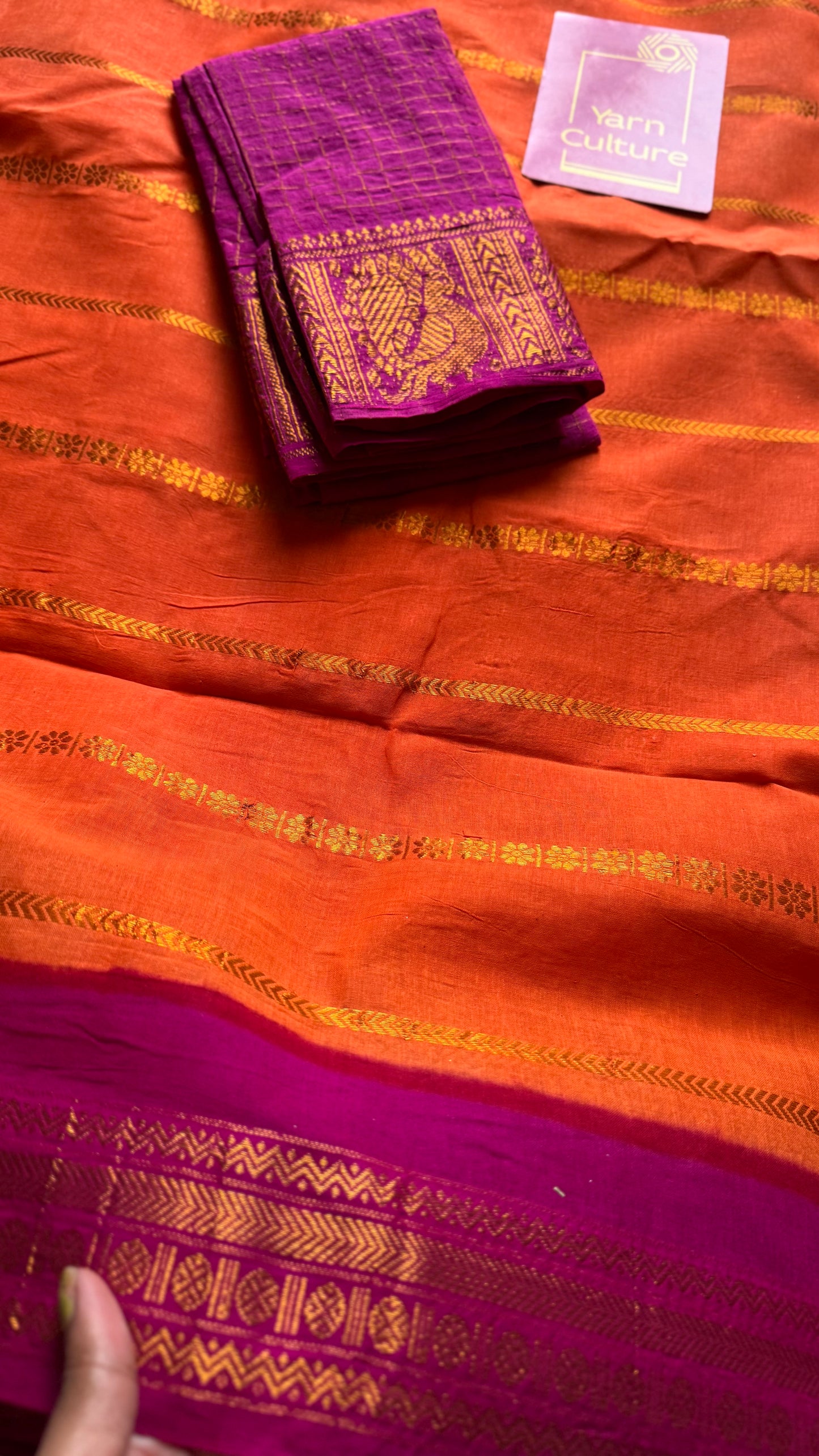 Bright orange with magenta patterned veldhaari, kattuchayam dyed, madurai cotton - YCCOTNSEMS93