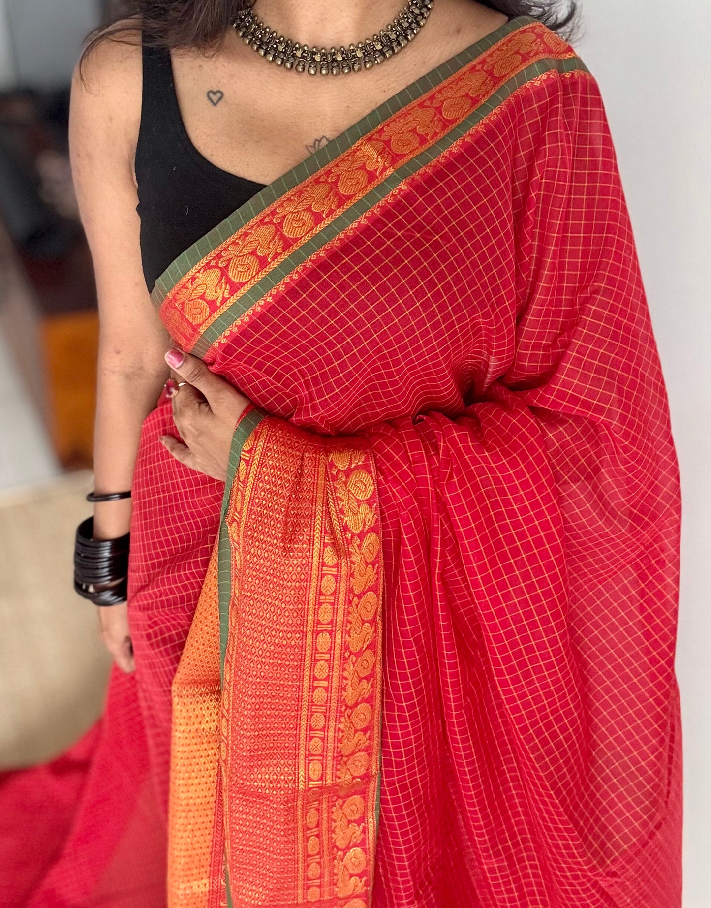 Red checks with zari border, premium narayanpet, soft cotton - YCWOTDFEBB11