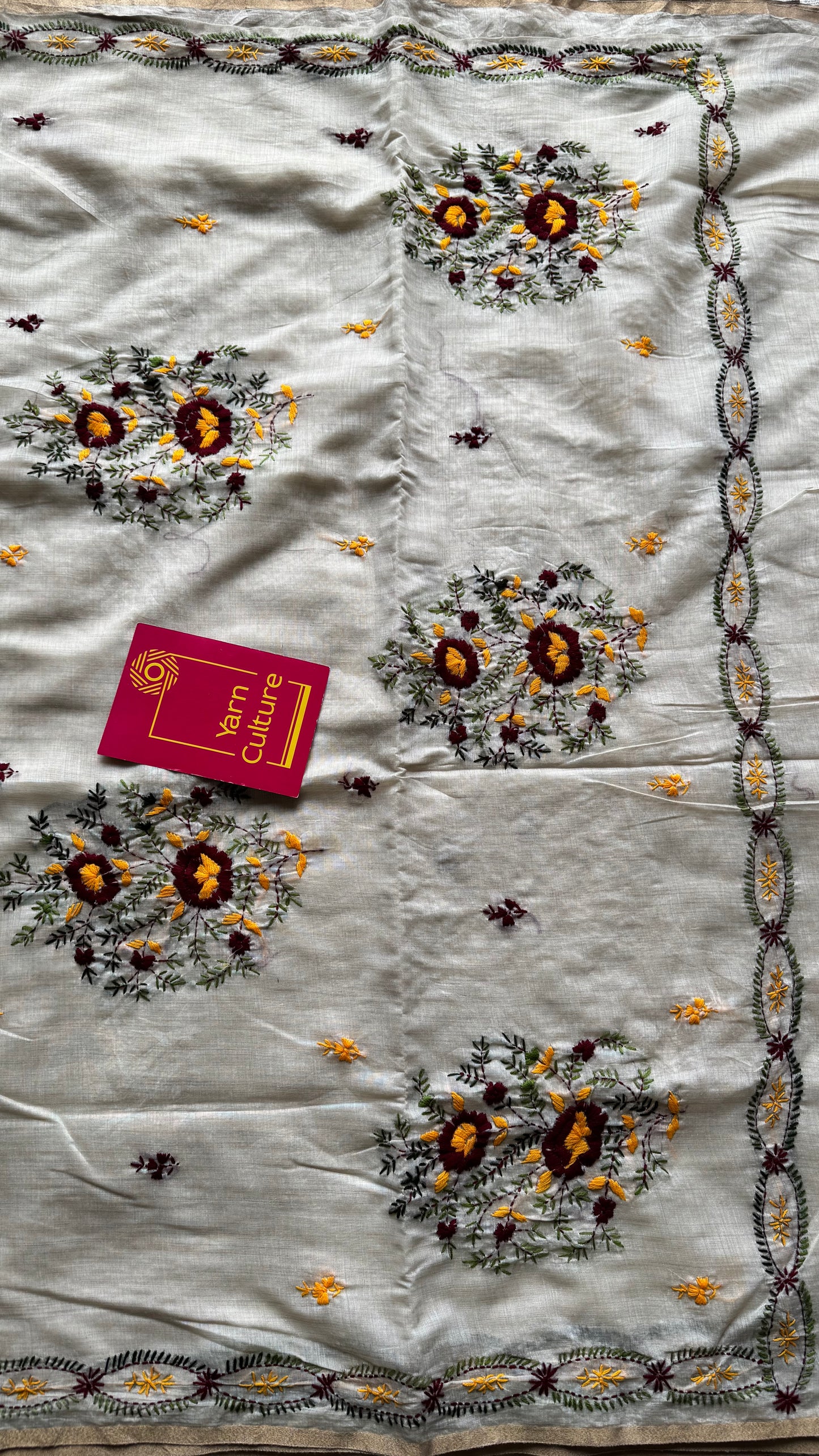 Ivory maheshwari cotton silk blend with maroon and dark yellow floral kantha threadwork - YCBLJULMK05