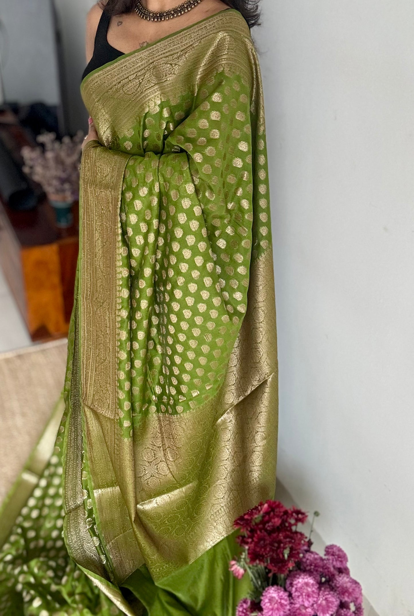 Harita - Olive green, antique gold zari, Banarasi semi georgette - YCBLFEGAGZ18