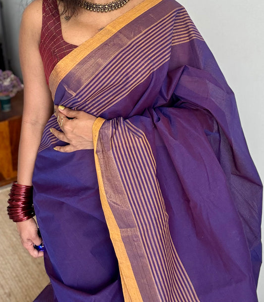 Violet and yellow Chettinad cotton saree with gold striped zari border - YCCOTNCCFE154