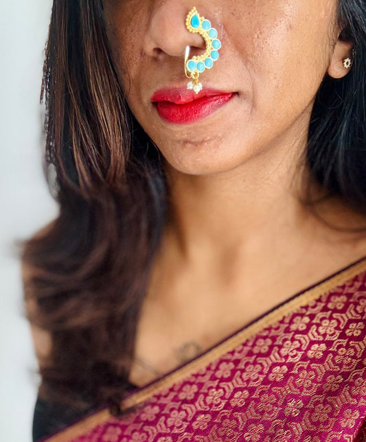 Gold plated, turquoise coloured stone, clip on Maharashtrian nath - YCGPNC204