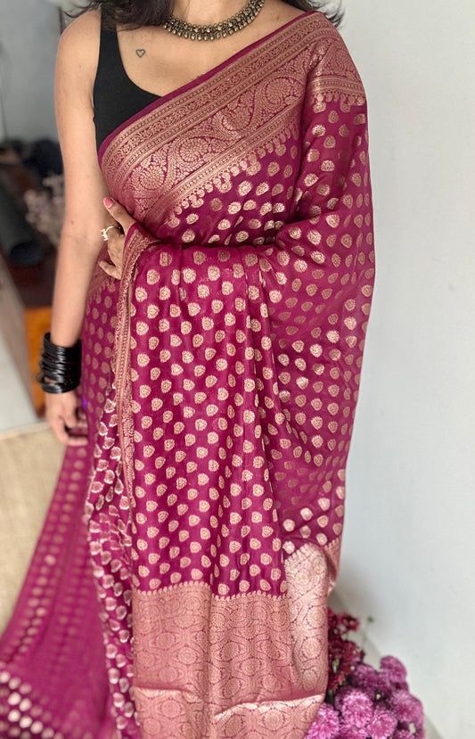 Cerise - Dark raspberry pink, antique gold zari, Banarasi semi georgette - YCBLFEGAGZ21