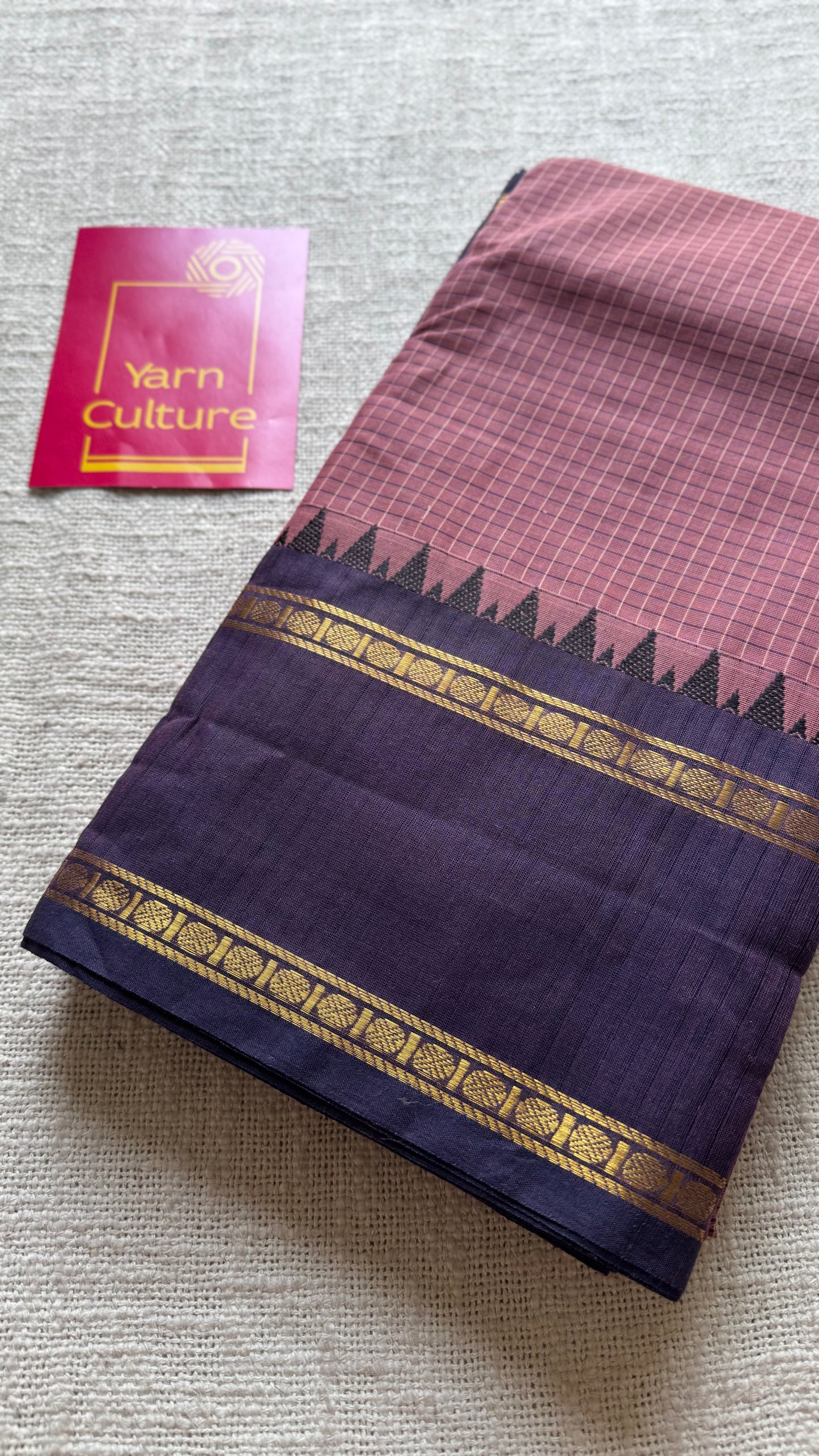 Dusty pink with deep purple border, temple motifs, checkered body, kanchi cotton - YCCOTNOCKC27