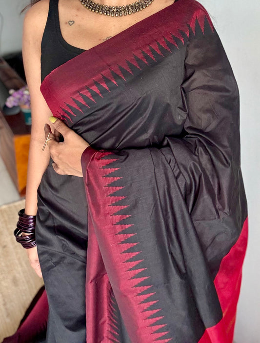 Black with maroon temple border, cotton silk - YCCOTNCSDE95