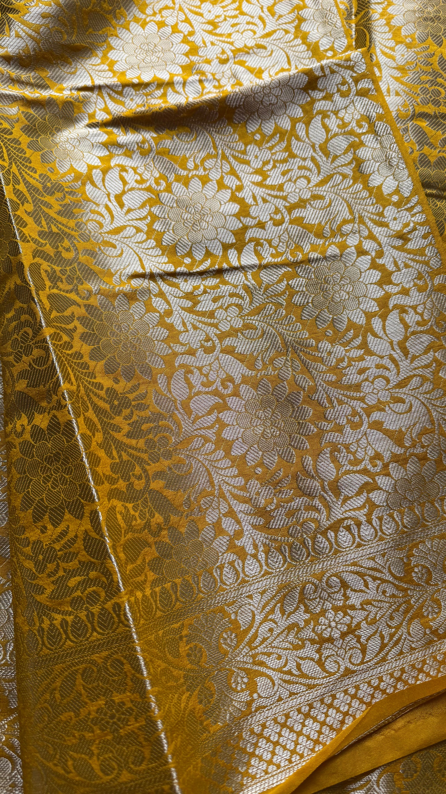 Yellow meenakari floral pattern in silver zari, Banarasi katan dupion silk - YCDESE11