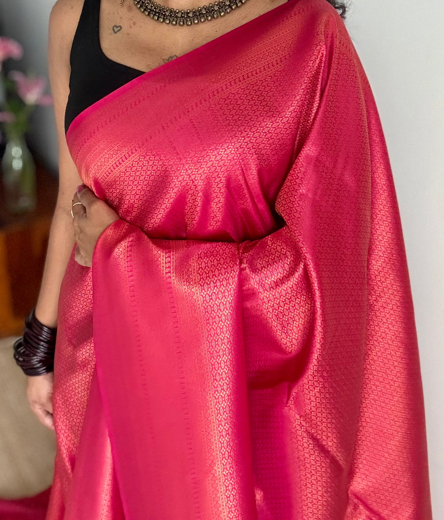 Rani pink, antique gold zari, semi-silk - YCDOSOCSS07