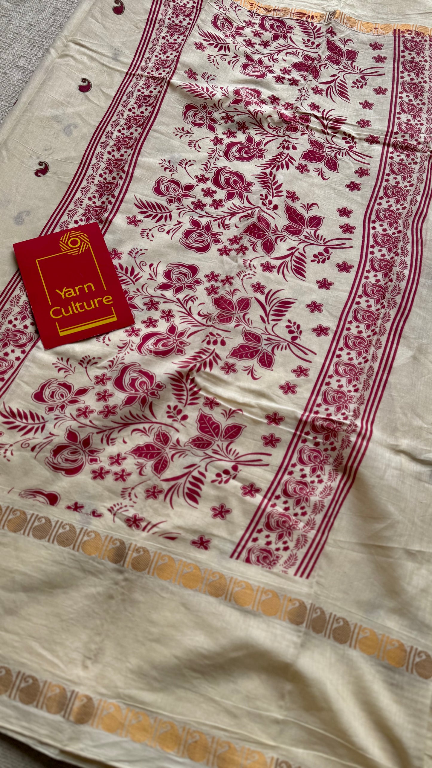 Ivory and Gold with paisley motif block printed buttas, zari border, soft Madurai cotton - YCON25MC268