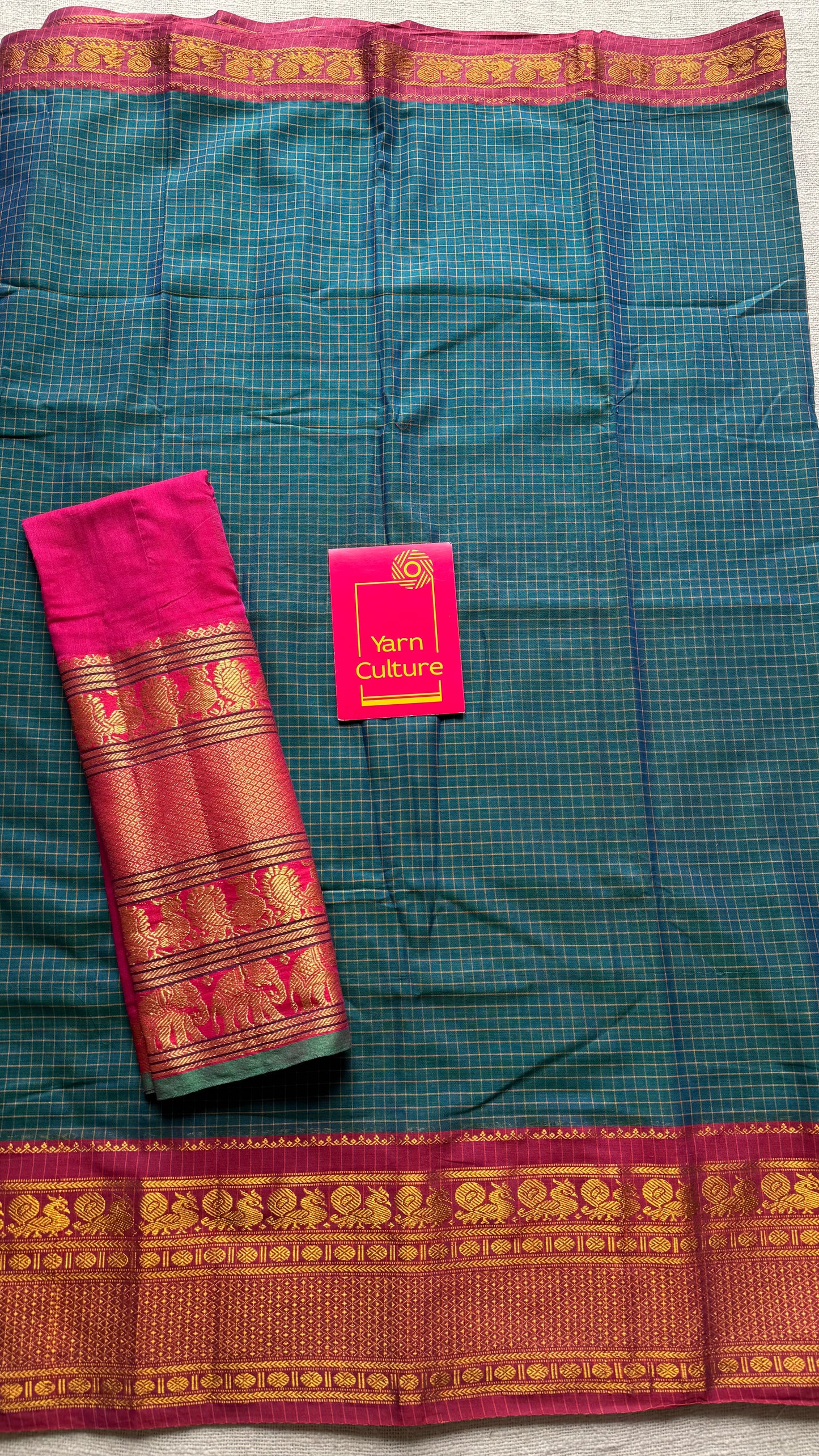 Teal checks with zari border, premium narayanpet, soft cotton - YCWOTDFEBB13