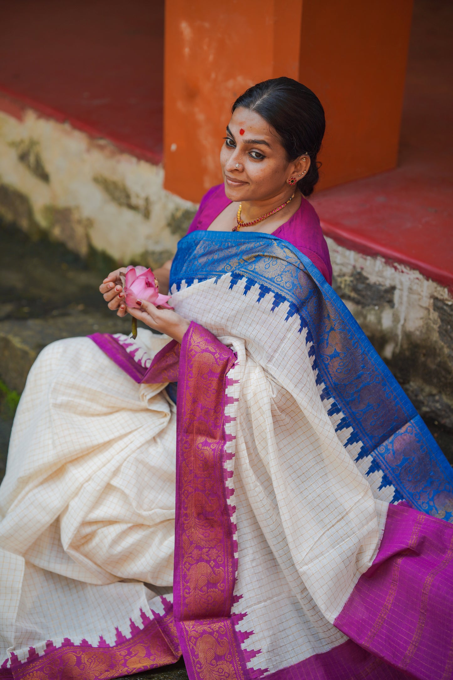 Sujina : Sungudi cotton checks, ivory gold base, purple and blue dual tone border, soft cotton - YCONCOTN210