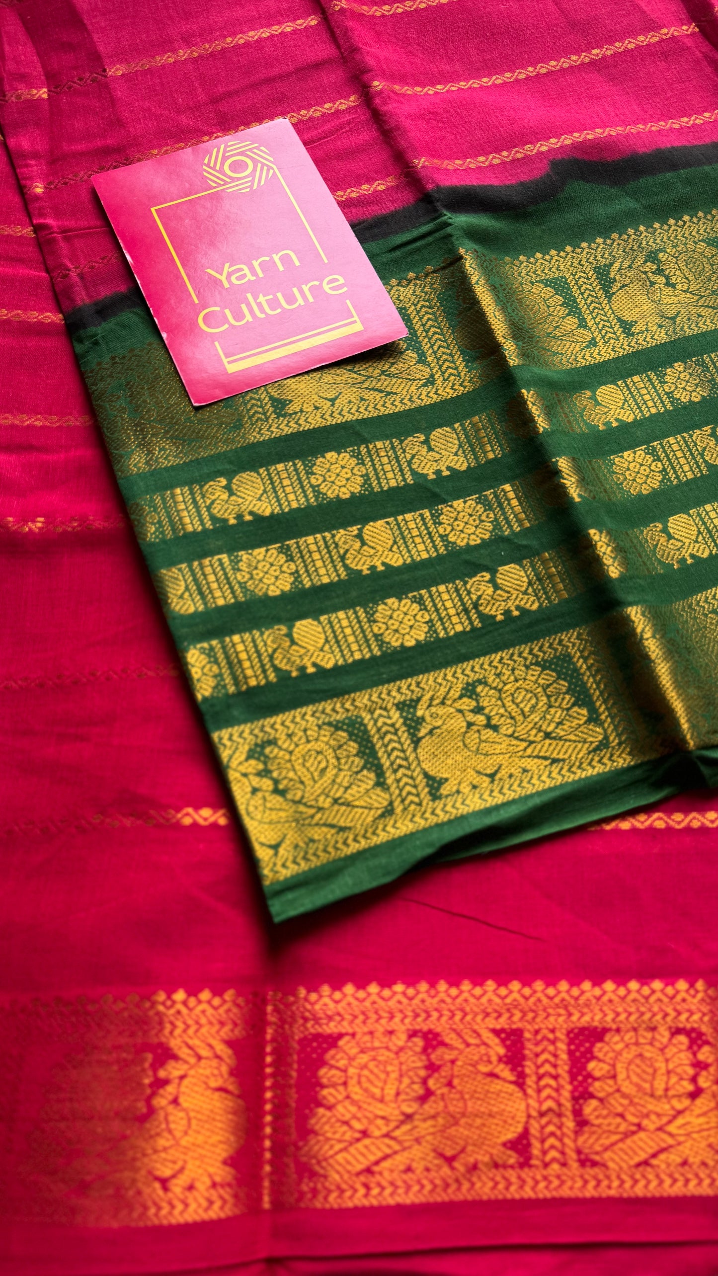 Reddish pink with green, peacock rudraksham motif, single side broad zari - madurai kattuchayam dyed -YCCOTNAURS19