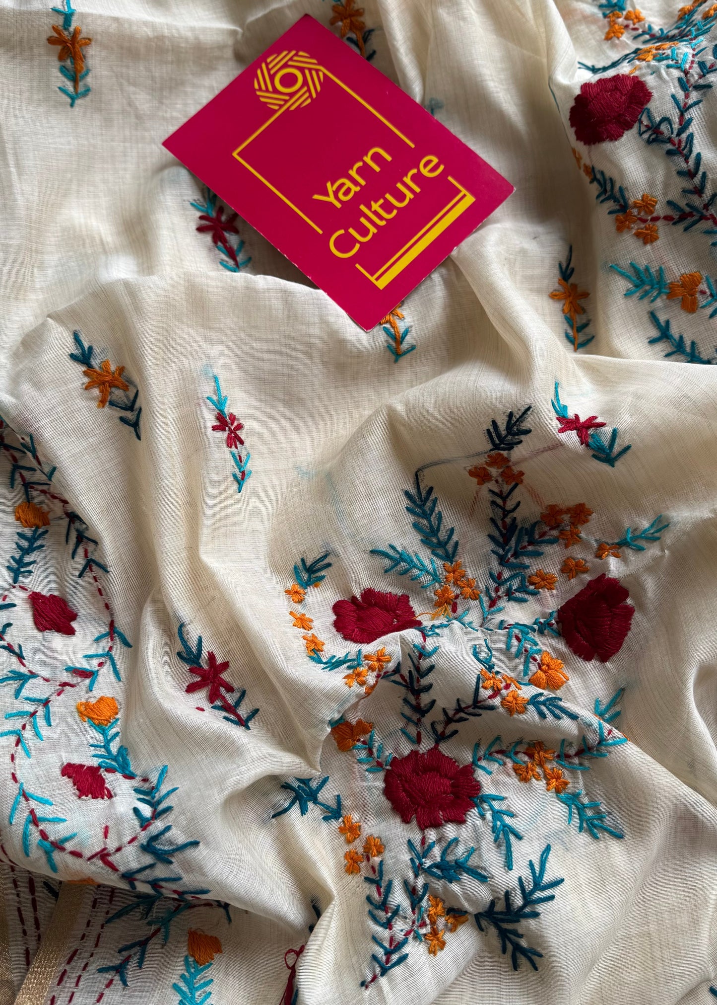 Ivory maheshwari cotton silk blend with red and blue floral kantha threadwork - YCBLJULMK03