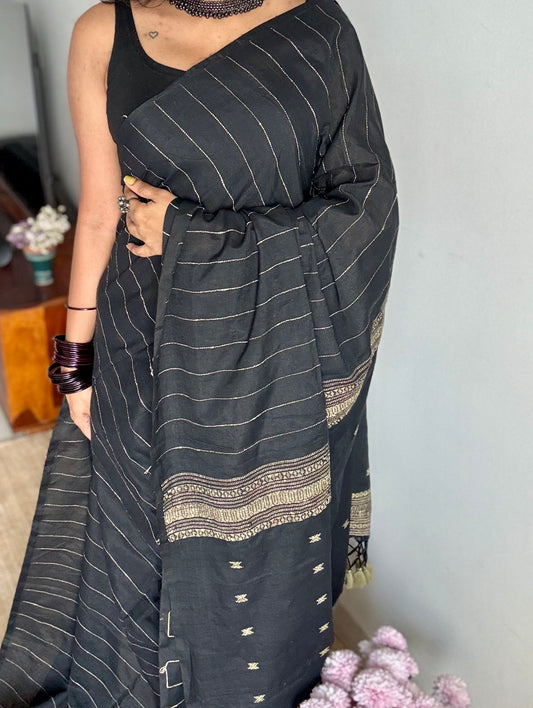 Black, bhujodi patterned soft khadi cotton saree - YCBCKCDE22