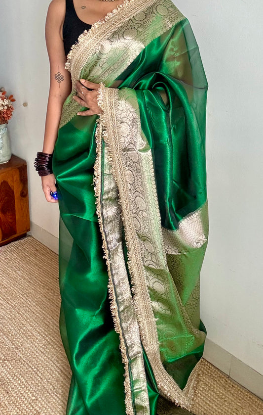 Green tissue Banarasi saree with embellished gold lace border - YCBLTOC76