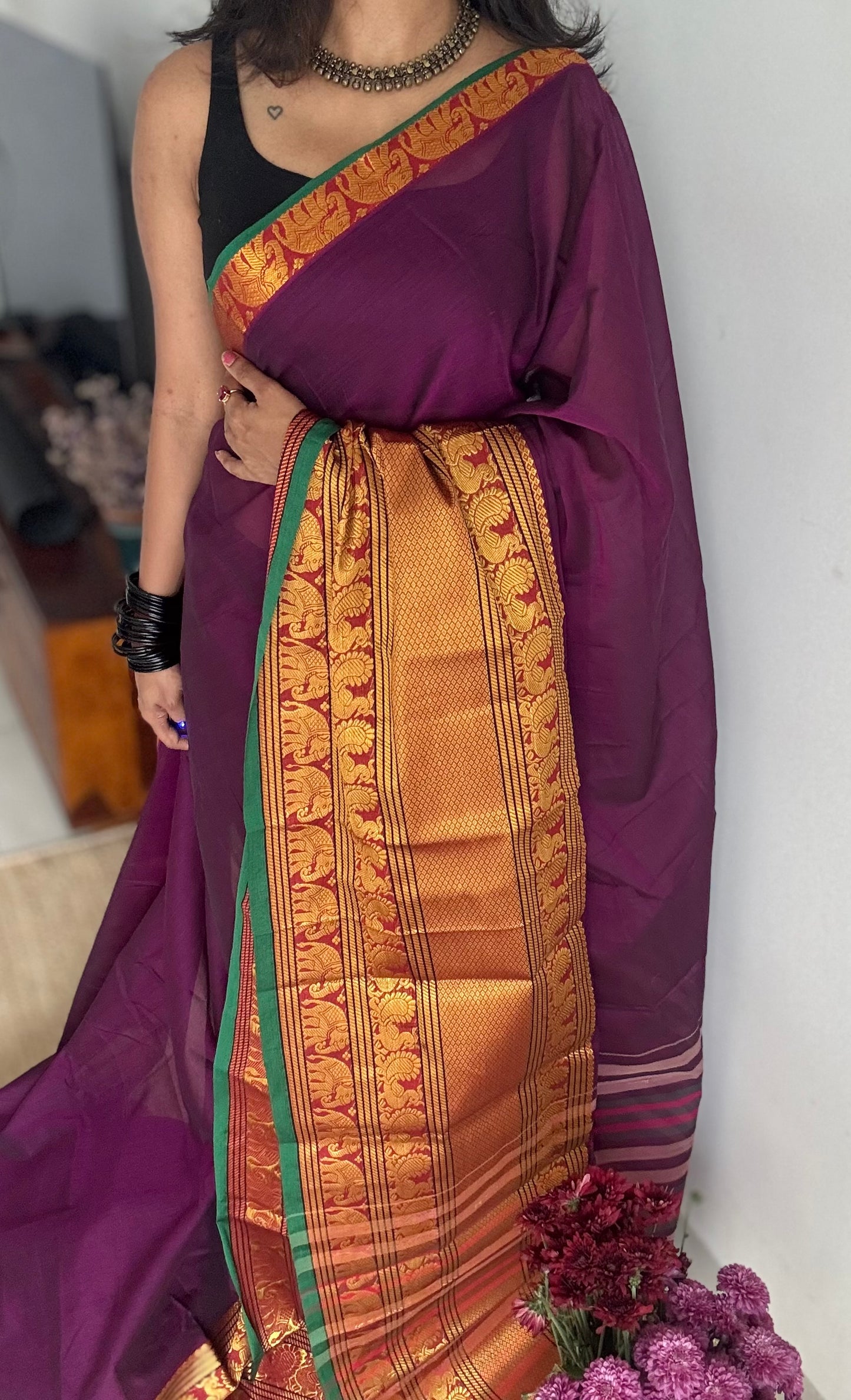 Purple pink (vadamalli) with broad zari border, premium narayanpet, soft cotton - YCWOTDFEBB10