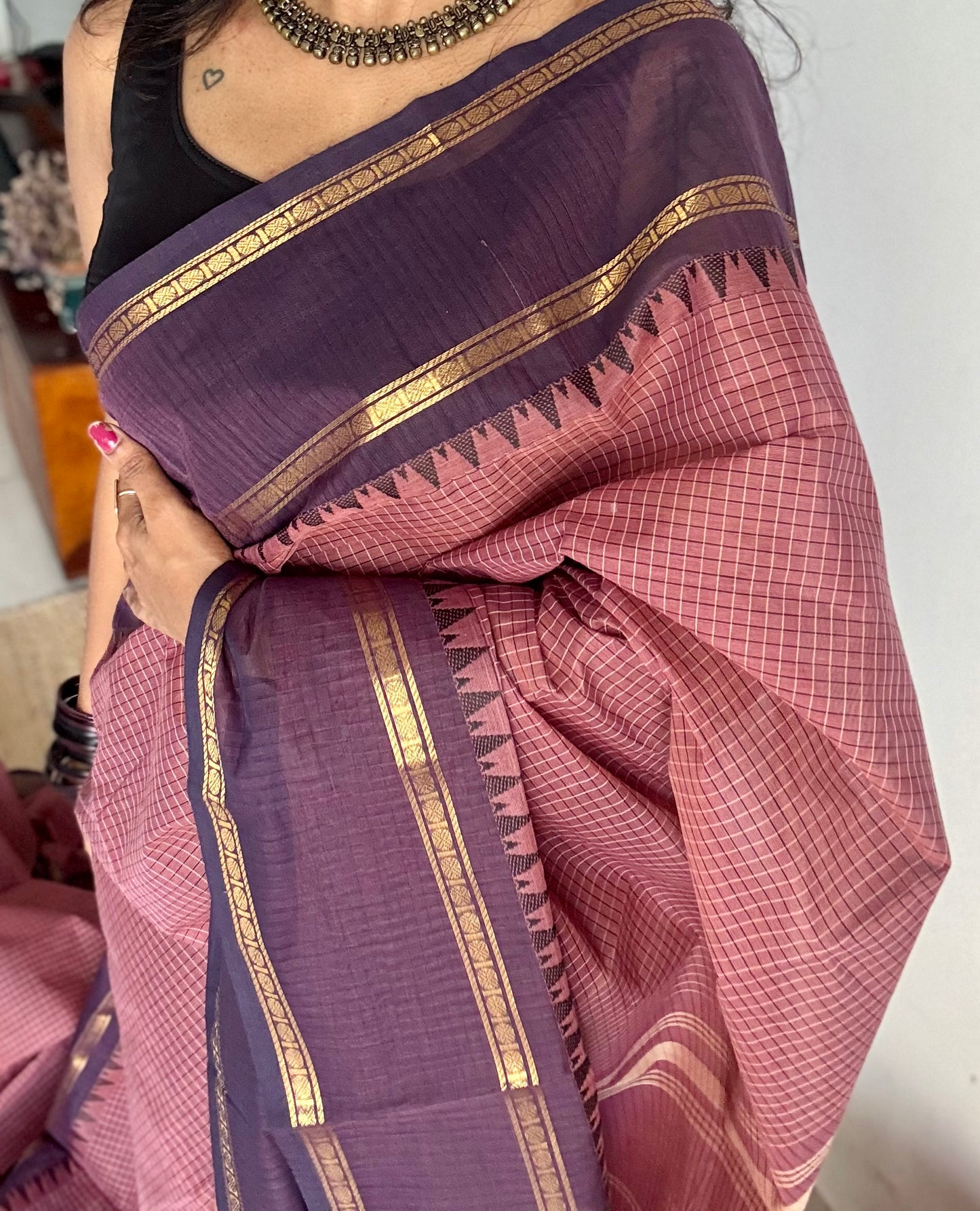 Dusty pink with deep purple border, temple motifs, checkered body, kanchi cotton - YCCOTNOCKC27