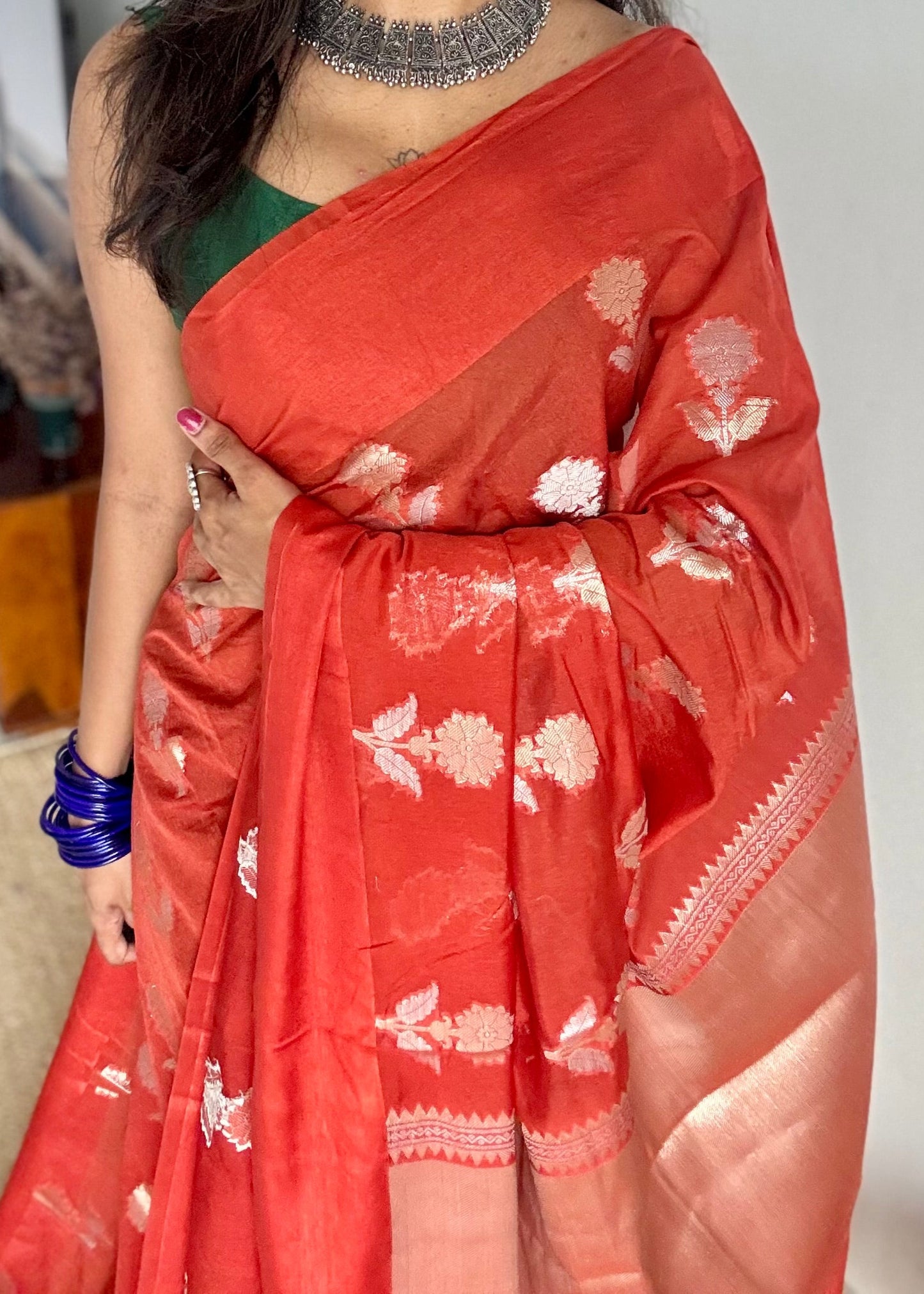 Rust orange with gold and silver floral buttas, Banarasi semi-crepe silk - YCDESE50
