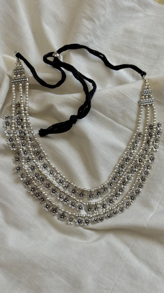 Three layered floral neckpiece, oxidised silver - YCOSNP309