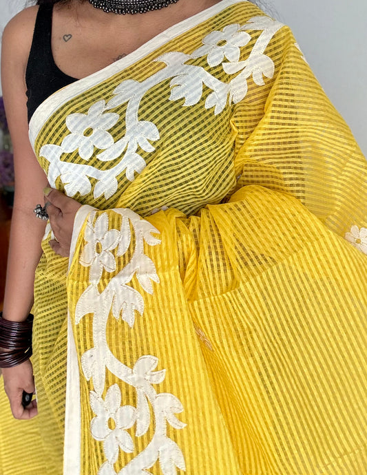 Aam Ras - yellow kota saree with white floral cut work - YCTORKDAP16