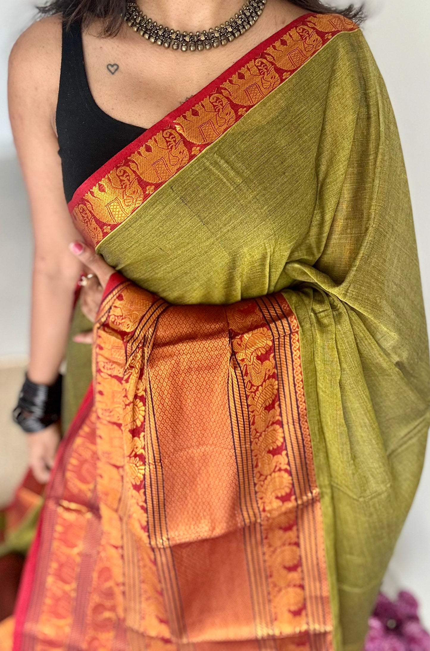 Parrot green with broad zari border, premium narayanpet, soft cotton - YCWOTDFEBB05