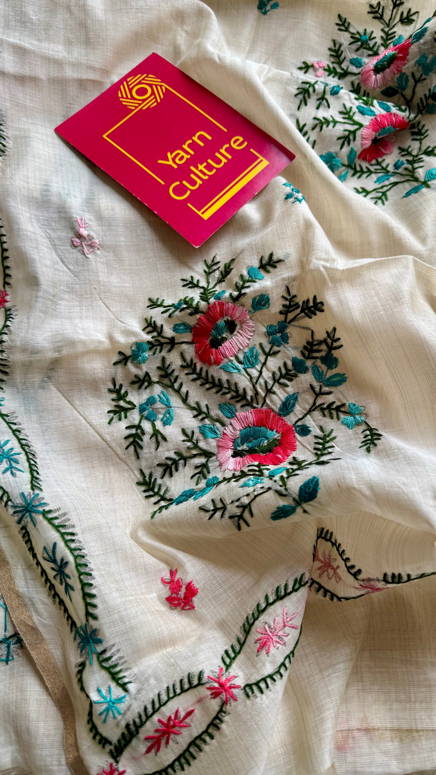 Ivory maheshwari cotton silk blend with pink and blue floral kantha threadwork - YCBLJULMK01