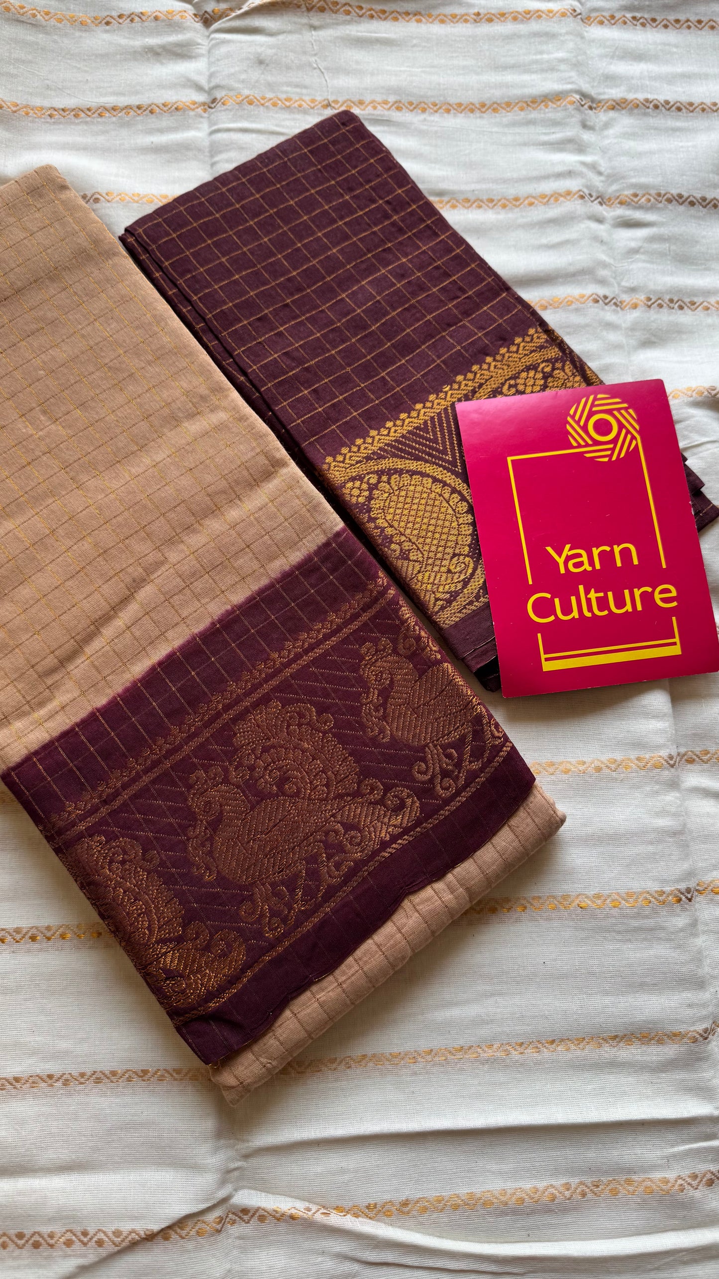 Dark beige with maroon contrast zari checkered sungudi, kattuchayam dyed madurai cotton - YCCOTNMSAP162
