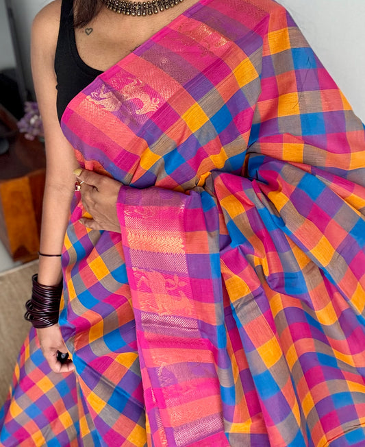 Multicolour Chettinad cotton saree with paalum pazhamum checks (pink, violet, blue, orange) - YCCOTNCCFE341