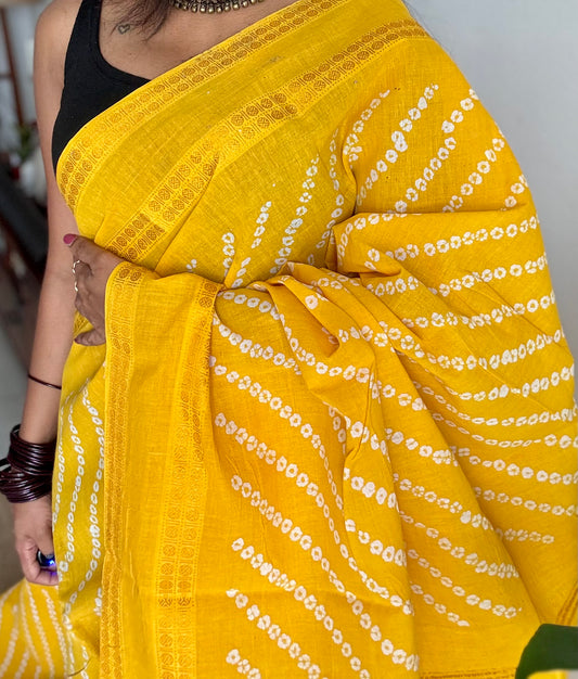 Yellow, wax dot printed sungudi, kattuchayam dyed madurai cotton - YCCOTNMSAP146