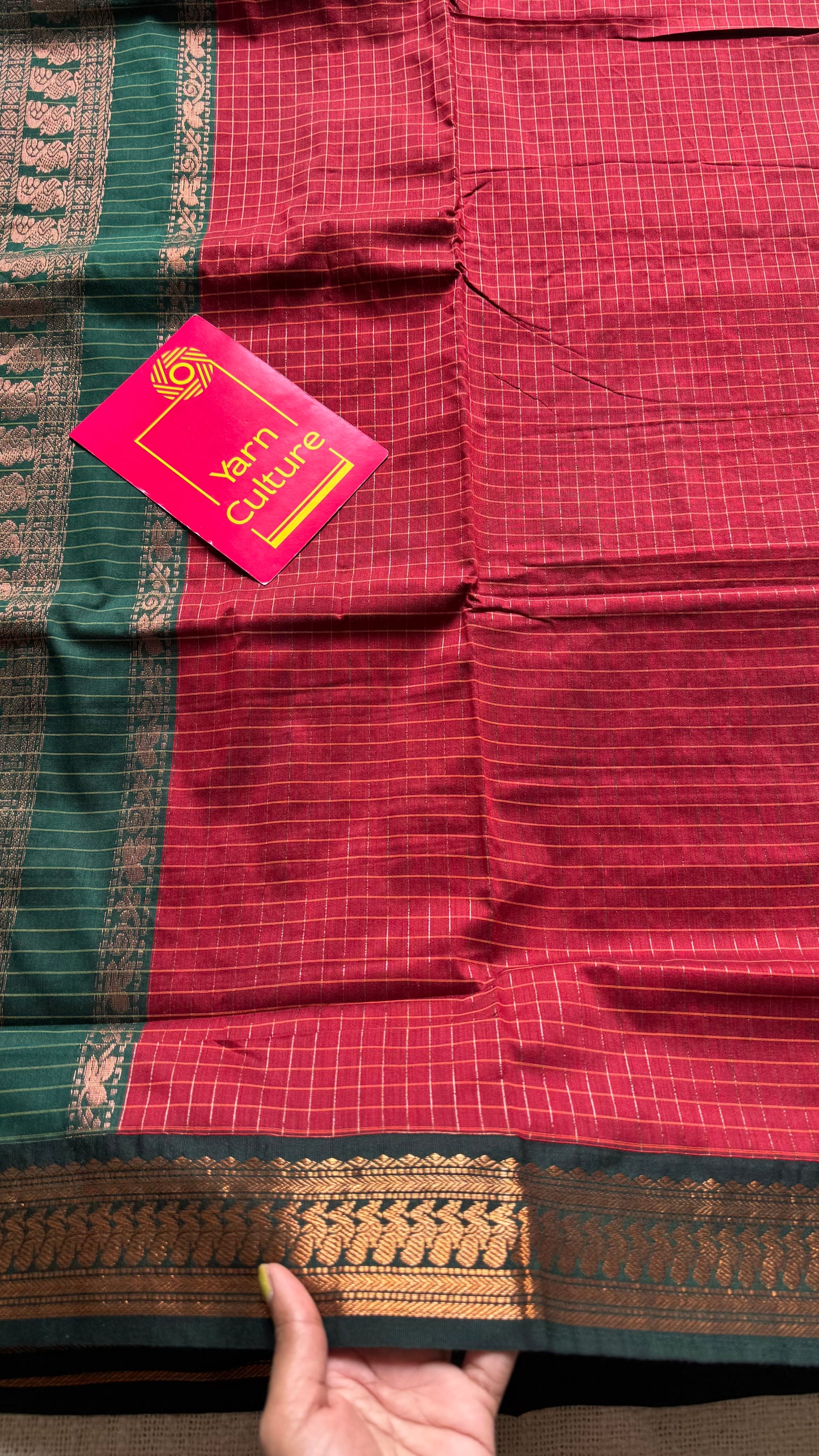 Red with dark green, checks - cotton silk - YCCOTNSEKCS10