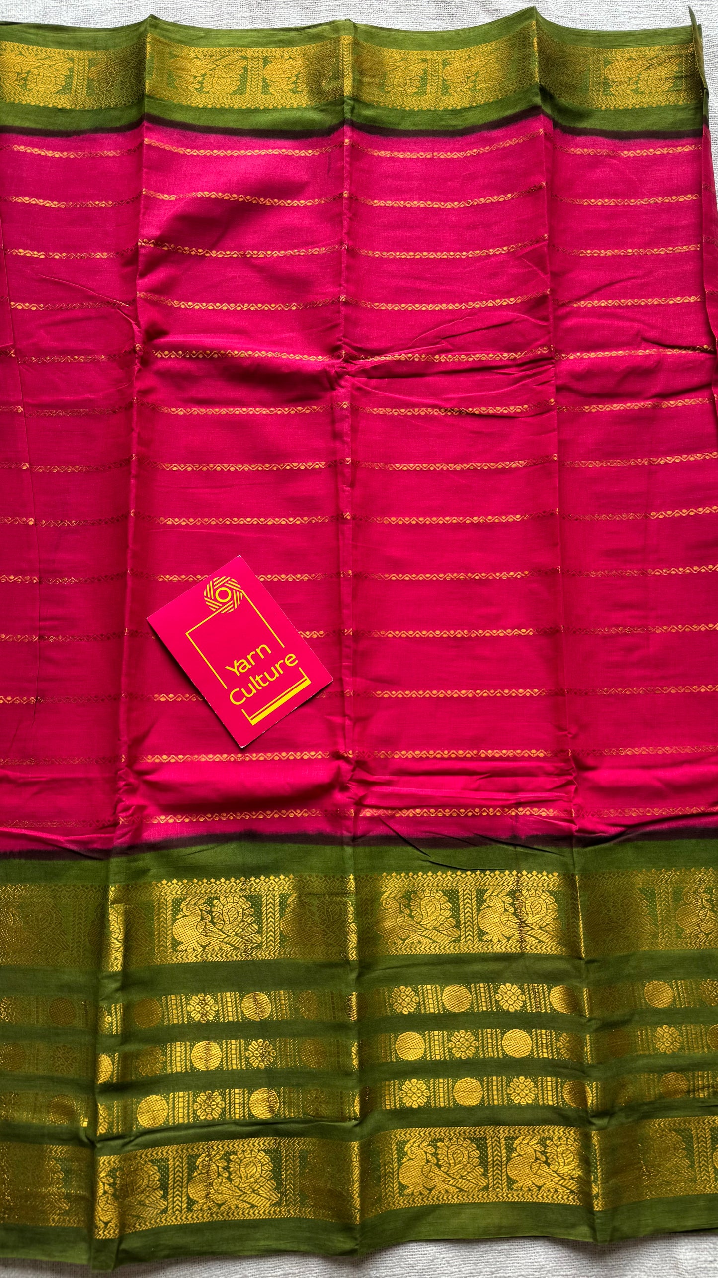 Reddish pink with green, peacock rudraksham motif, single side broad zari - madurai kattuchayam dyed - YCCOTNAUS34