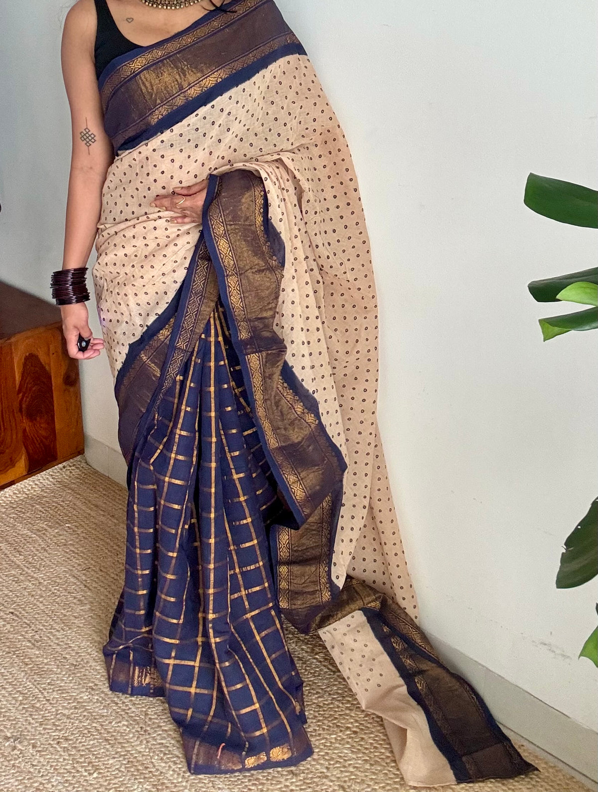 Cream with dark blue, sungudi cotton half-half saree - YCCOTNIDOC17