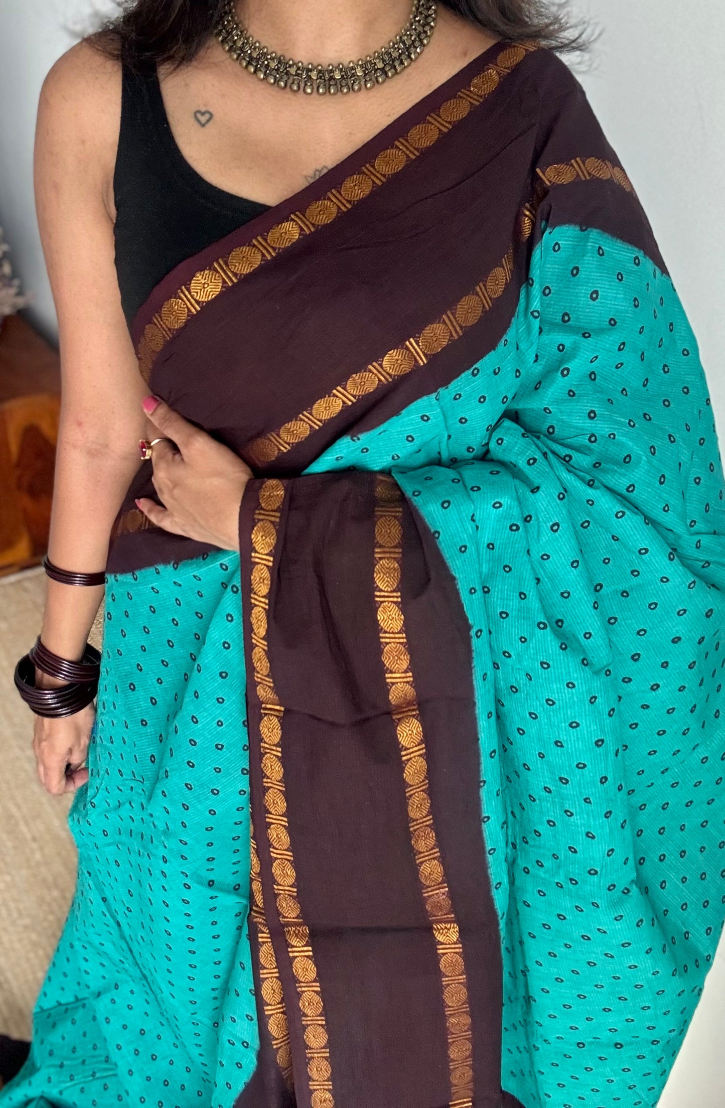 Turquoise with brown, sungudi motif and rudraksham border, madurai soft cotton - YCCOTNAUSC05