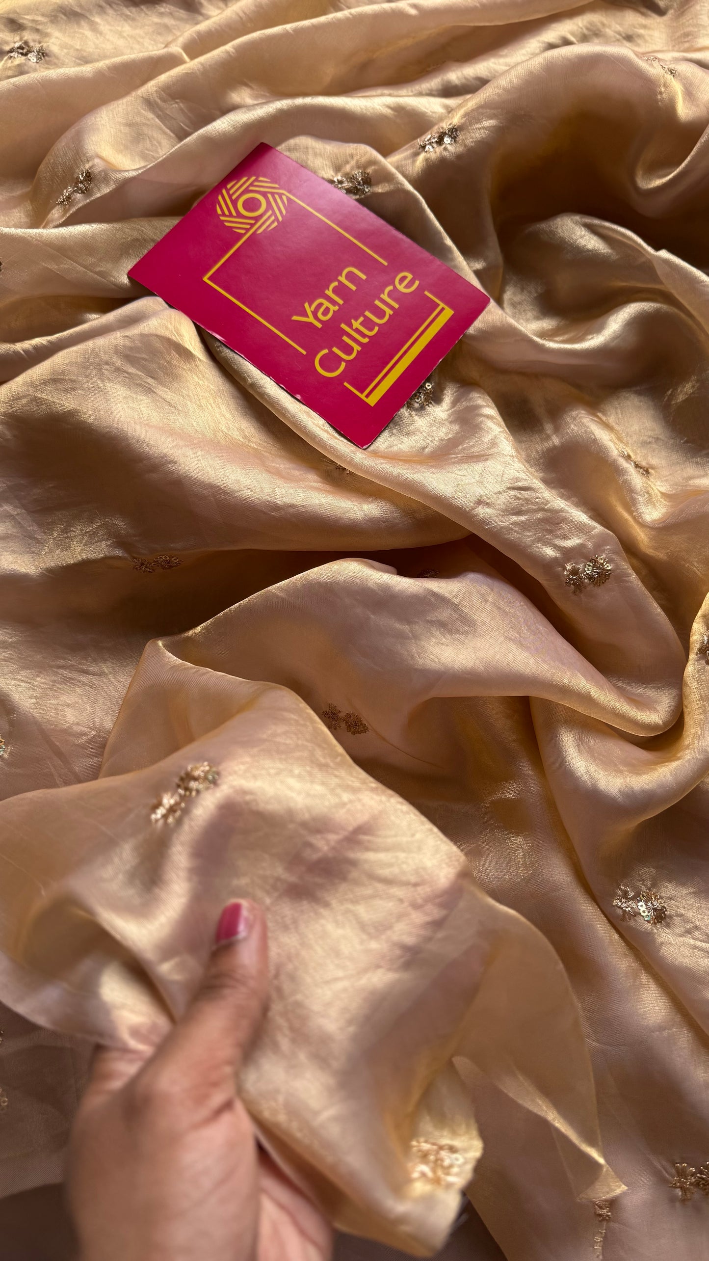 Light gold with a hint of pink, fendy satin with sequin work, contrast maroon blouse - YCDOSFE12