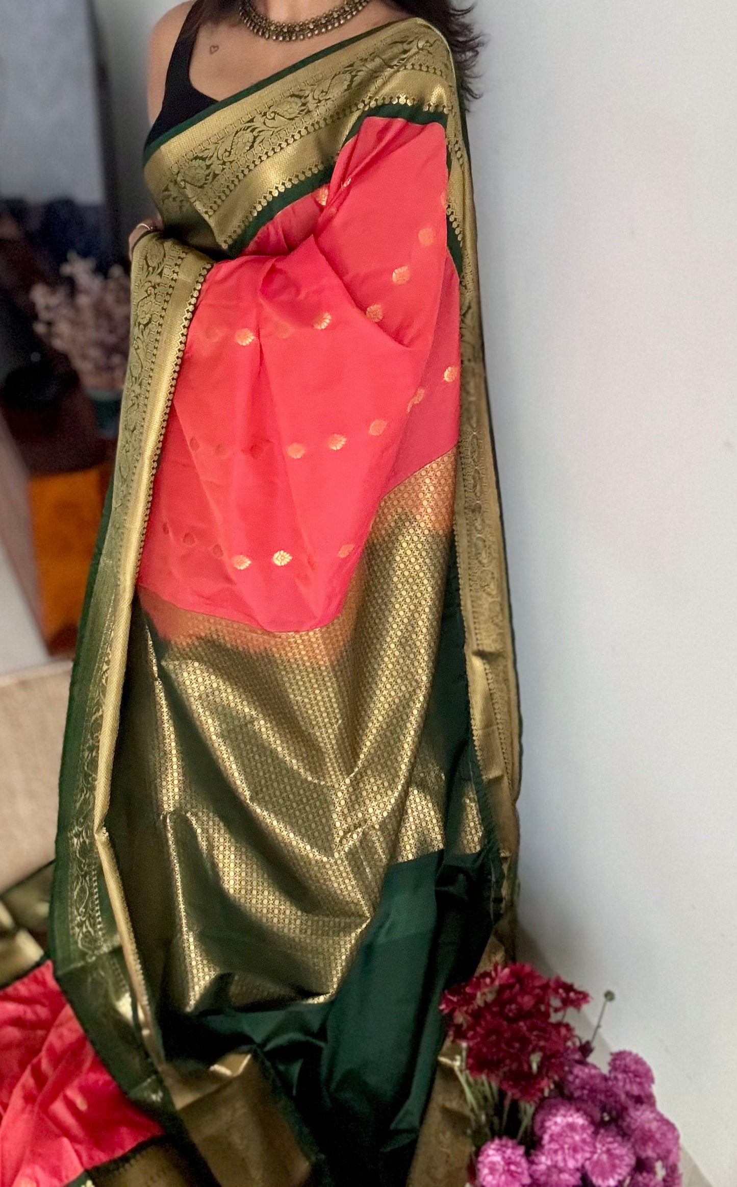Kavini - peach with dark green, handloom korvai semi silk - YCCOTNFEJUKS01