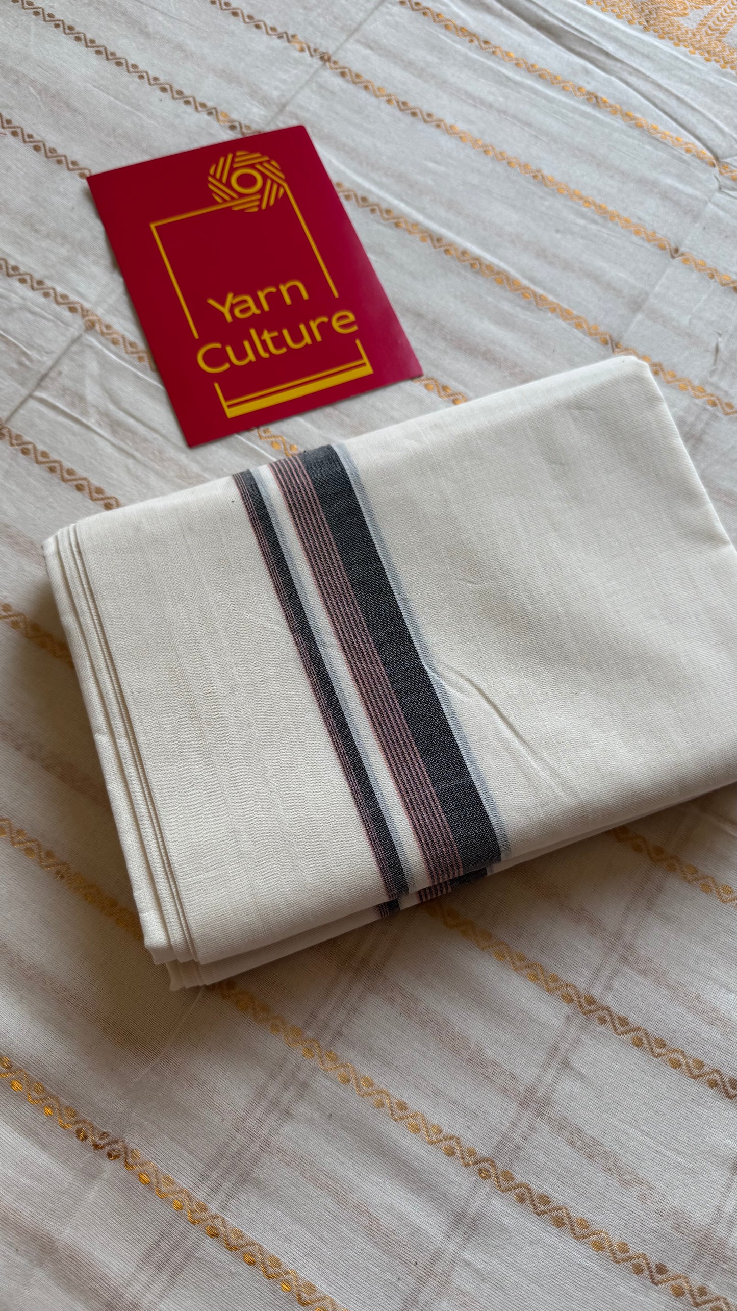 Ivory Chendamangalam Handloom Double Mundu with Black & Pink Striped Kara | Soft Cotton Men's Dhoti - YCMSEIE169