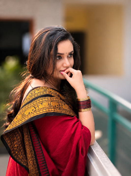 Kanchi cotton saree, dark red with black wide zari border - YCCOTNMA263