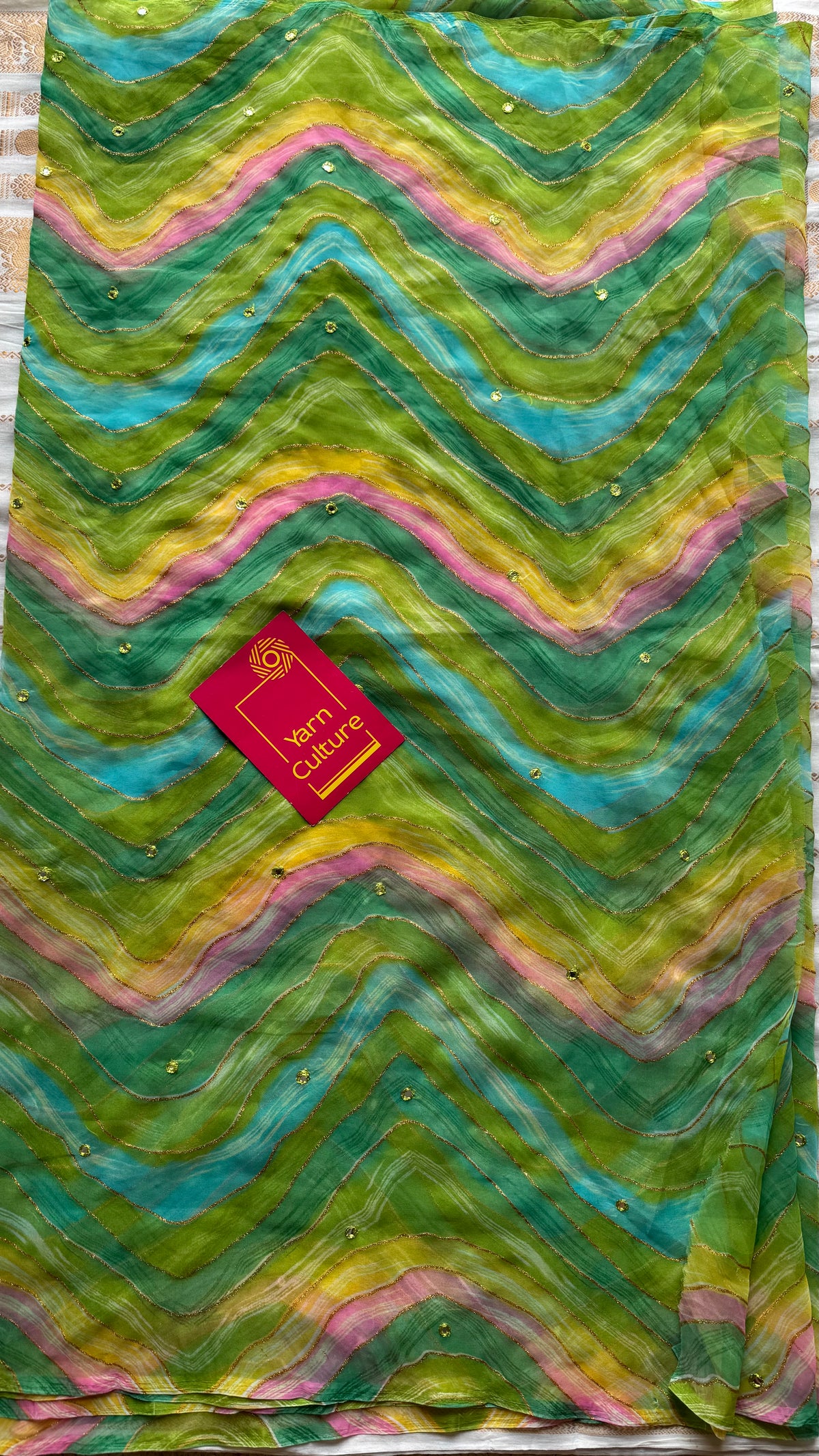 Green multicoloured leheriya chiffon saree with mirror work - YCTORLOC97