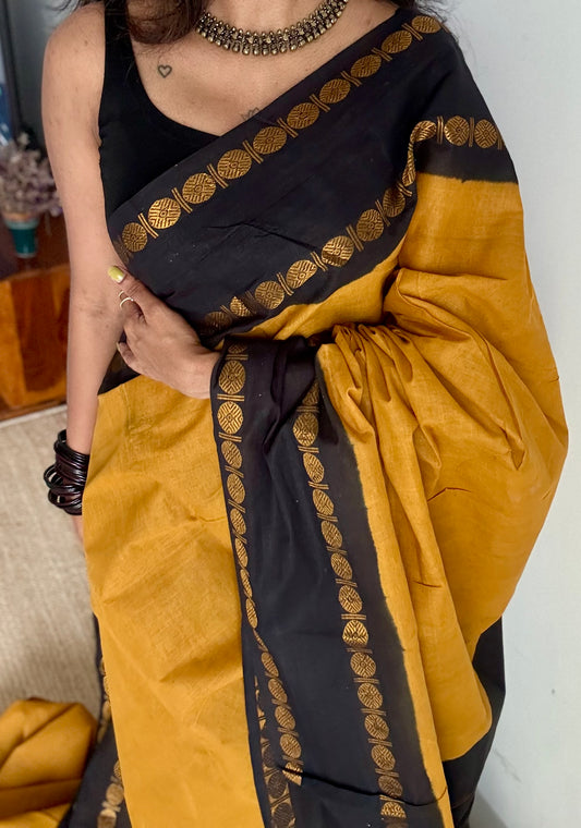 Turmeric yellow with black rudraksham motif border - YCCOTNSEMS53