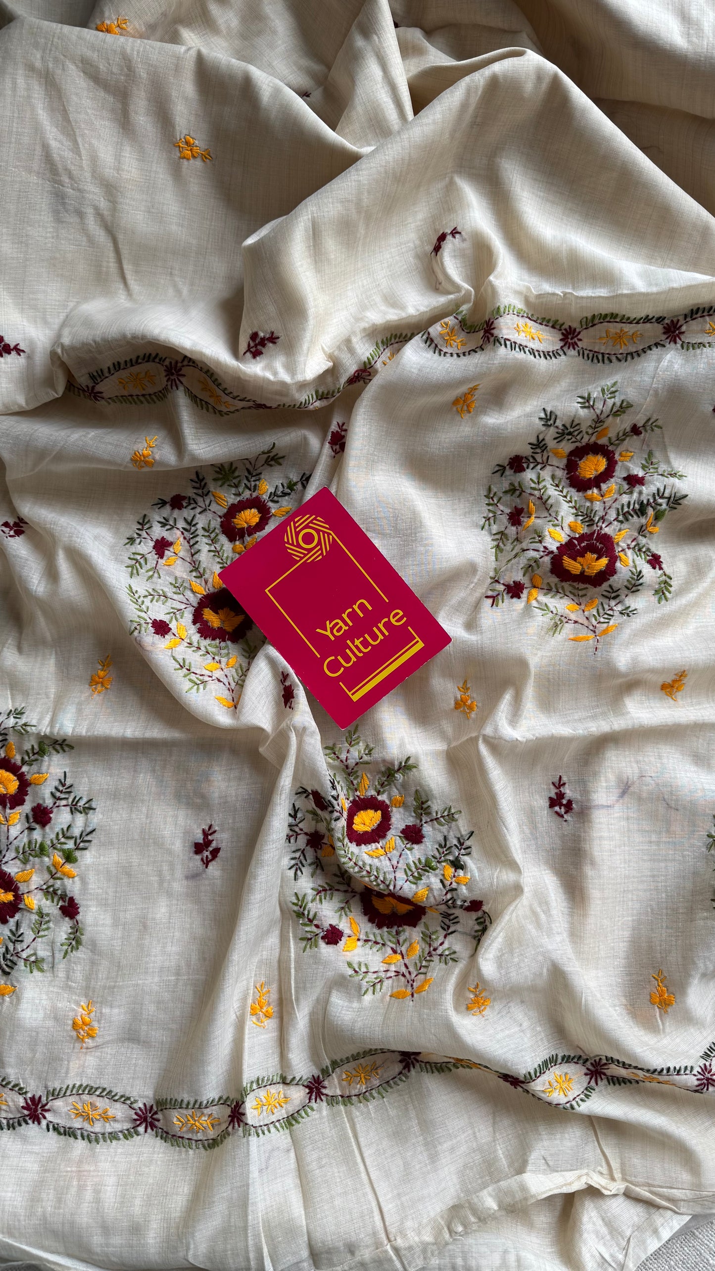 Ivory maheshwari cotton silk blend with maroon and dark yellow floral kantha threadwork - YCBLJULMK05