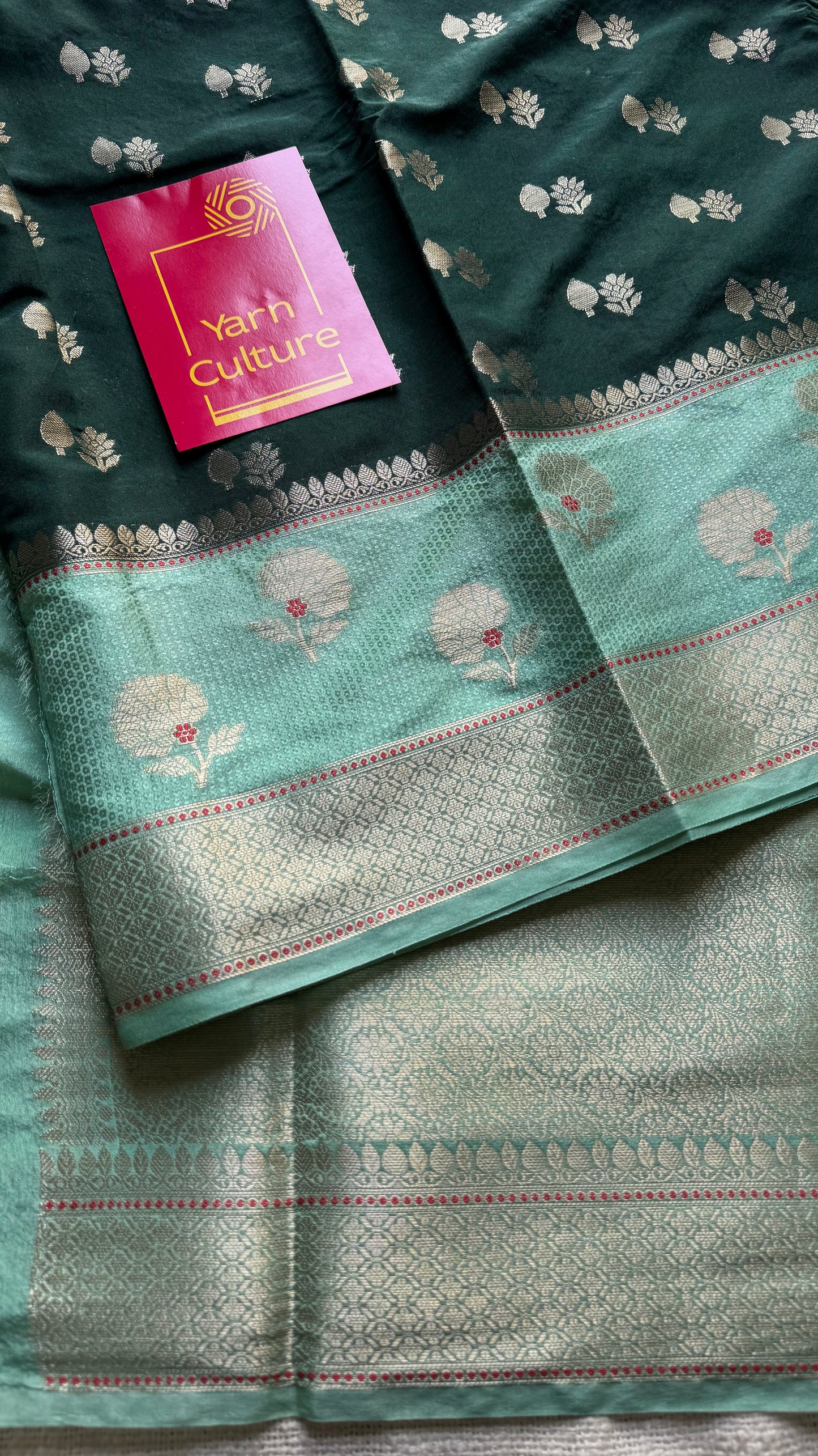 Dark green with pastel green border, semi dupion silk - YCBLSSJA25