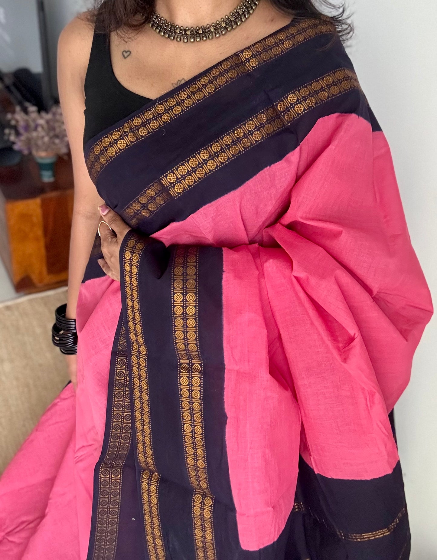 Pink with dark blue, small rudraksham motif border, soft cotton - YCCOTNJSUN08