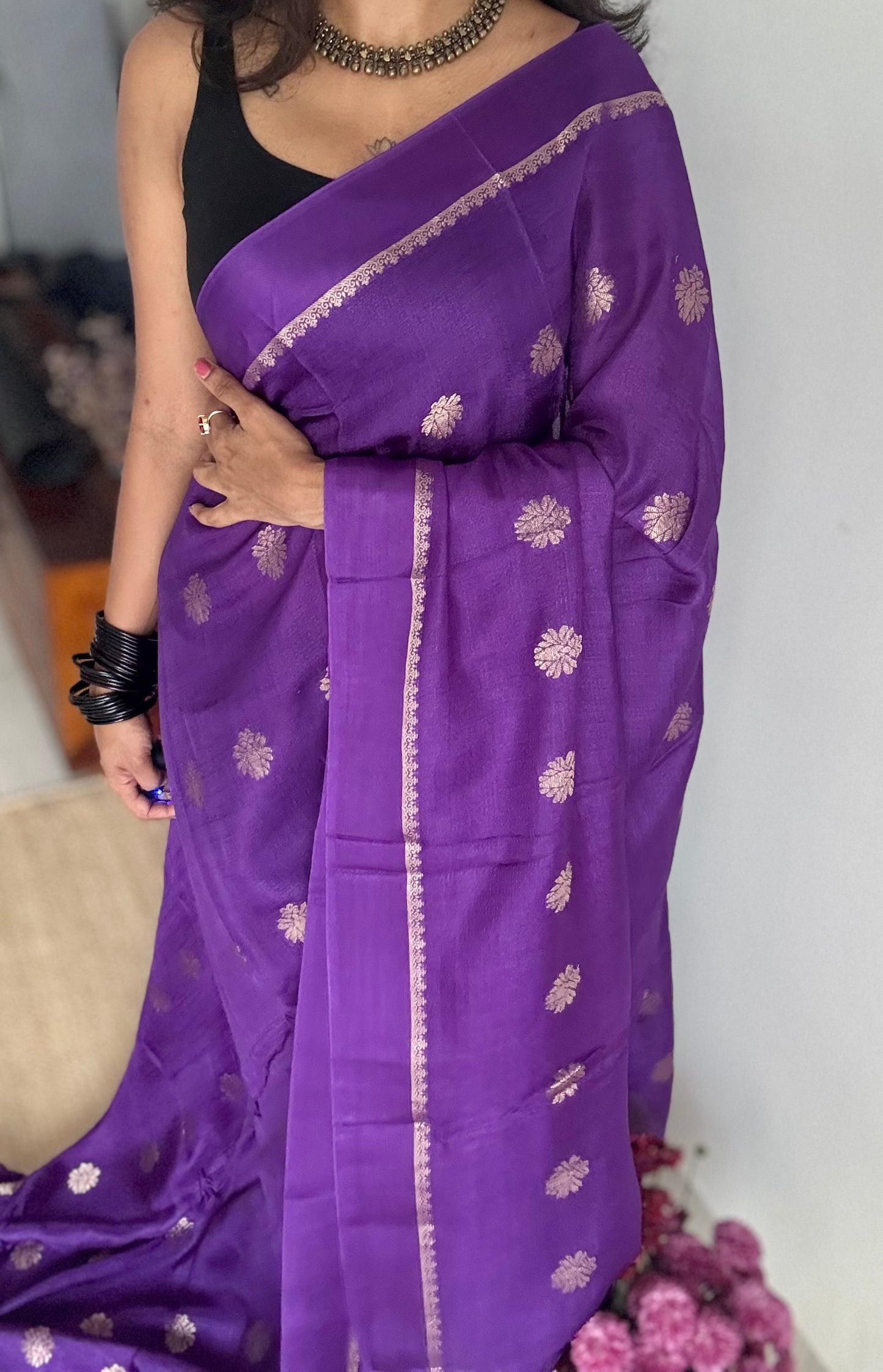 Deep purple in khadi silk, zari motifs - YCDOSFE17
